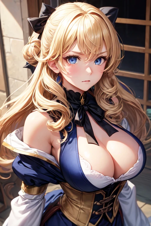 Black ribbon around neck、Narrow, raised eyes、Blue Eyes、Long eyelashes、Long blonde curly hair、Long face、Pointed chin、Big Breasts、A determined face、High nose、Lady、anime、Cowgirl