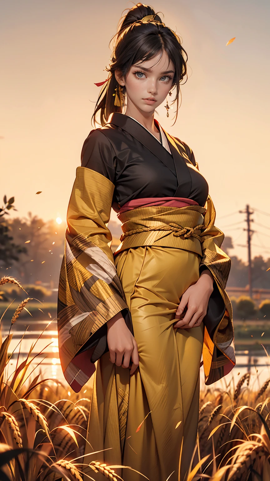 A girl in a kimono stands expressionless in a wheat field up to her waist, Black kimono with gold rimming, her hair is tied in a ponytail, Yellow Eyes, The sunset in her eyes, The light hits her face, Half landscape orientation to the camera