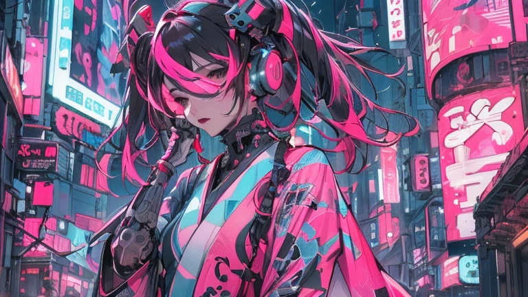 masterpiece, highest quality, Cyberpunk Girl,Wear a Japan kimono,The pink color stands out,Bold colors and patterns, Eye-catching accessories, Trendy and innovative hairstyles, Bright makeup, Dazzling cyberpunk cityscape, Skyscraper, Neon Signs, LED Light, Bright and vivid color scheme, anime, shape, Fine skin, High-quality fabric, Intricate details, Very detailed,Low - Angle, whole body, Vision(avert your eyes:1.4)