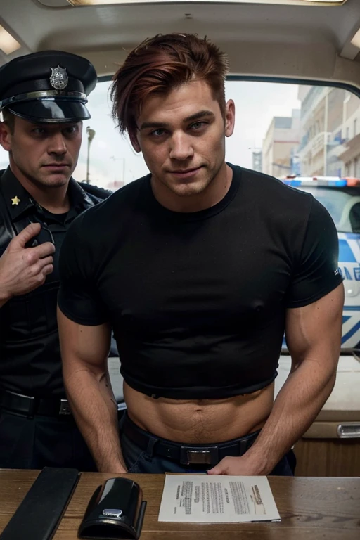 ((best quality)), ((masterpiece)), (detailed), perfect face, attractive man, 20 years old, short red hair, cute jock, full body, bodybuilder, tough guy face, dumb dopey look, handcuffed and arrested cop, police uniform shredded and torn, dumb thoughtless smile, handcuffed cop being led to police car to be arrested