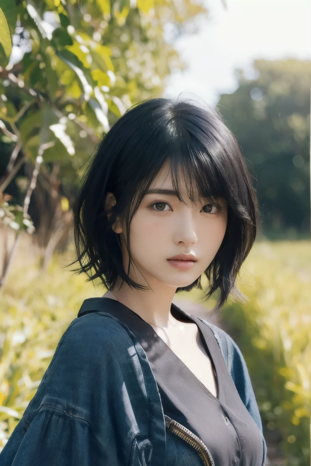 , Long blown by the wind [Blue-black:.3] hair,View Viewer, (masterpiece:1.3), (8k, Realistic, RAW Photos, highest quality: 1.4), Japanese, (One girl), Beautiful Face, (Realistic Face), (black hair, short hair:1.3), beautiful hairstyle, Realistic eyes, Beautiful fine details, (Realistic Skin), Beautiful Skin, Charm, Ultra-high resolution, Ultra-realistic, Very detailed, Golden Ratio,