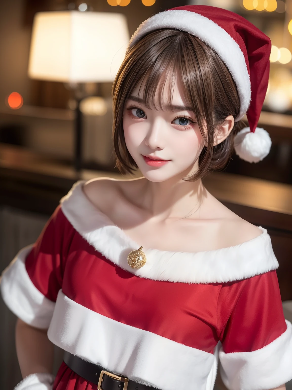 Cute 21 years old Japan、Christmas、A smile、Super Detail Face、Eye of Detail、double eyelid、beautiful thin nose、sharp focus:1.2、prety woman:1.4、(light brown hair,short cut hair, top-quality、Luminescence、masterpiece、超A high resolution、(Photorealsitic:1.4)、Red Santa Claus clothes、Santa Claus Cosplay、