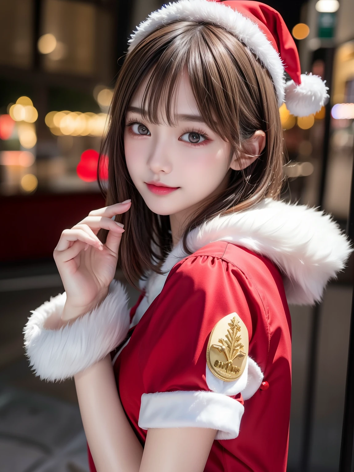 Cute 21 years old Japan、Christmas、A smile、Super Detail Face、Eye of Detail、double eyelid、beautiful thin nose、sharp focus:1.2、prety woman:1.4、(light brown hair,short cut hair, top-quality、Luminescence、masterpiece、超A high resolution、(Photorealsitic:1.4)、Red Santa Claus clothes、Santa Claus Cosplay、