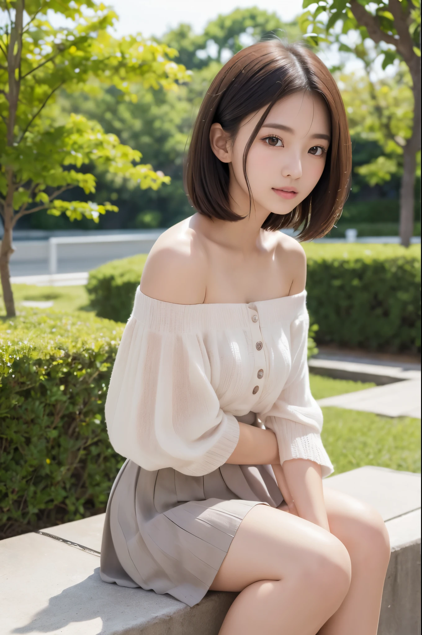(High resolution、8k:1.3)、masterpiece、(Ultra-realistic as a photo:1.3)、Very nice finish、perfect anatomy, Sharp focus, 超High resolutionの顔、highest quality、The face is in focus、Ultra high definition and beautiful eyes、Eyes are symmetrical、High quality and beautiful skin、Firm Skin、Japanese Girls, Slender、very cute、17 years old、(Off the shoulder、Pleated skirt、mini skirt), Natural Makeup, (blush:1.3), (Embarrassing:1.3)、Sitting、(View your viewers:1.3),short hair, messy hair