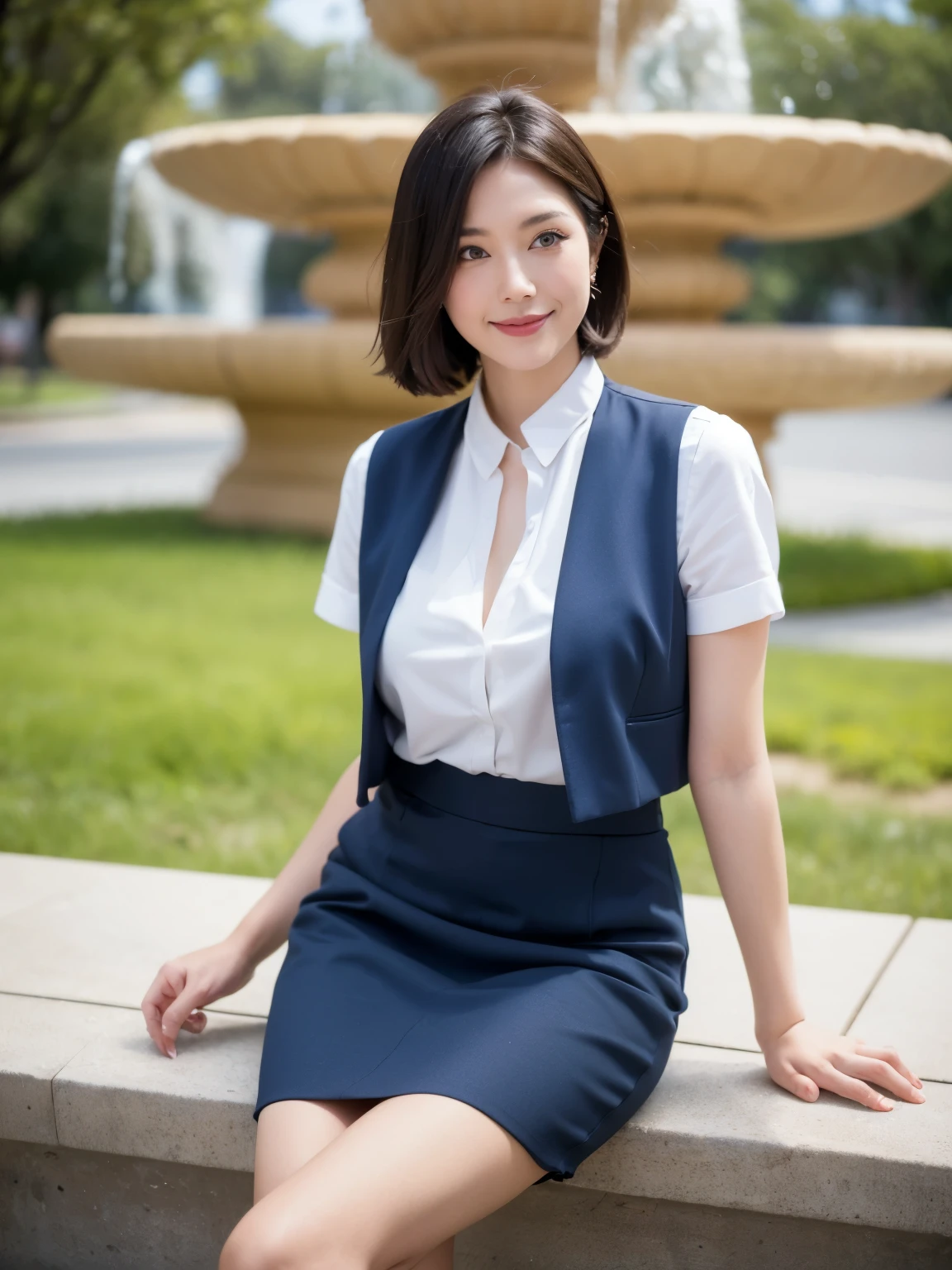 最high quality, In 8K, Masseter region, Vibrant, Sharp focus, high quality, High resolution, Detailed face, fine grain, Thick lips, (Looking at the audience), alone, Beautiful woman, 38 years old, Japanese women, （Short black hair:1.4）、（Bob Hair:1.4）, Cleavage, Lunch break、Large city park、Green Grass、In front of a big fountain、（sitting on a park bench:1.3）、（Full body photo:1）、（Japanese women）、（Mitsubishi Bank uniform:1.8）, （She is wearing a dark blue vest over a white blouse:1.5）, The vest has three gold buttons, （red, Blue and white ribbon around neck）、（Knee-length dark blue skirt）、（Black pumps:1.5）、（red lipstick:1）、（smile:1.4）、（standard body type）、（D cup breasts）