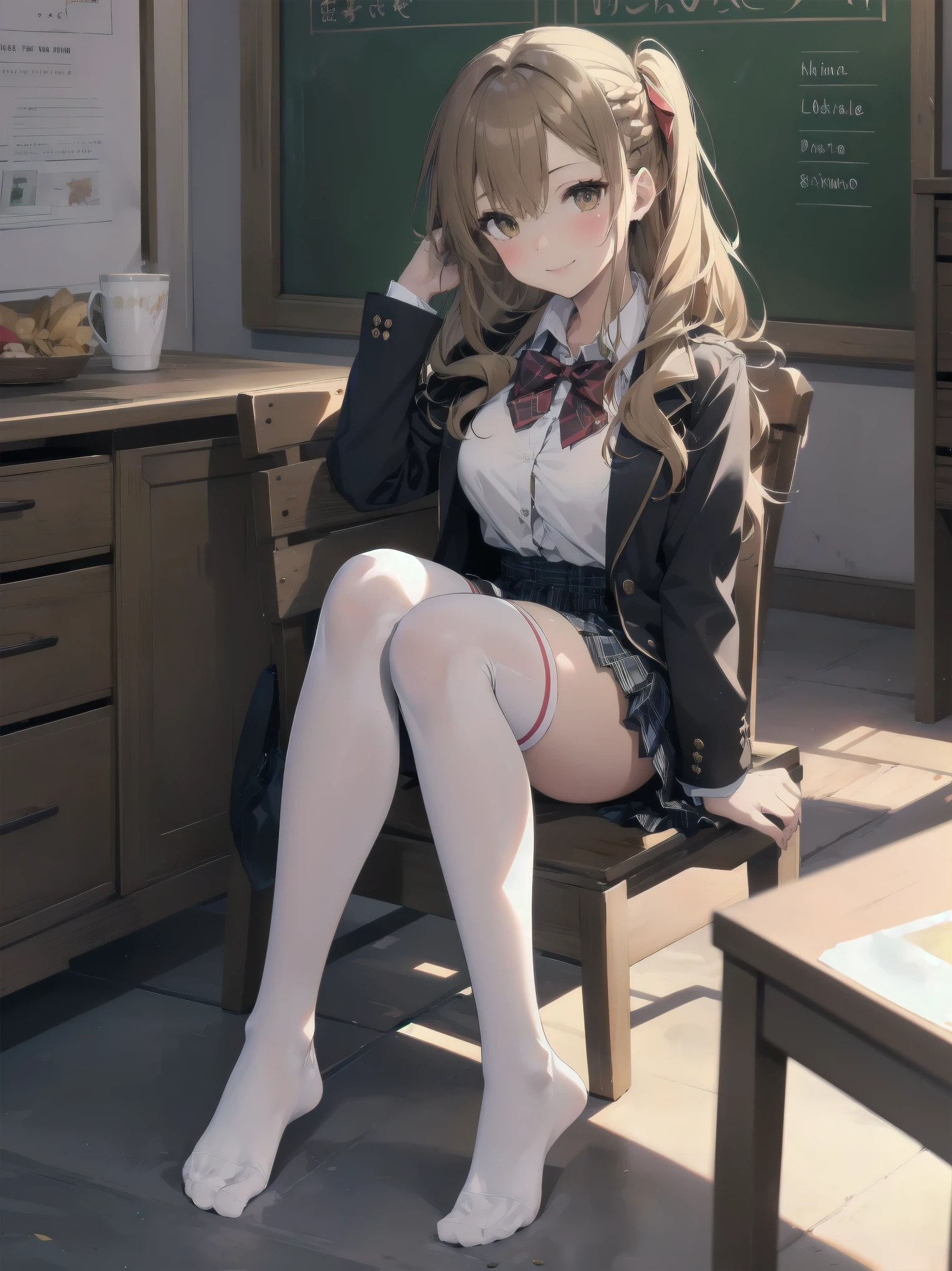 1girl, solo, long hair, breasts, looking at viewer, blush, smile, bangs, skirt, blonde hair, brown hair, shirt, thighhighs, long sleeves, bow, brown eyes, sitting, closed mouth, , jacket, full body, white shirt, braid, thighs, pleated skirt, collared shirt, indoors, bowtie, red bow, feet, white thighhighs, lips, legs, parted bangs, plaid, toes, plaid skirt, no shoes, blazer, blue jacket, red bowtie, knees up, on floor, chalkboard, asuna \(sao\)