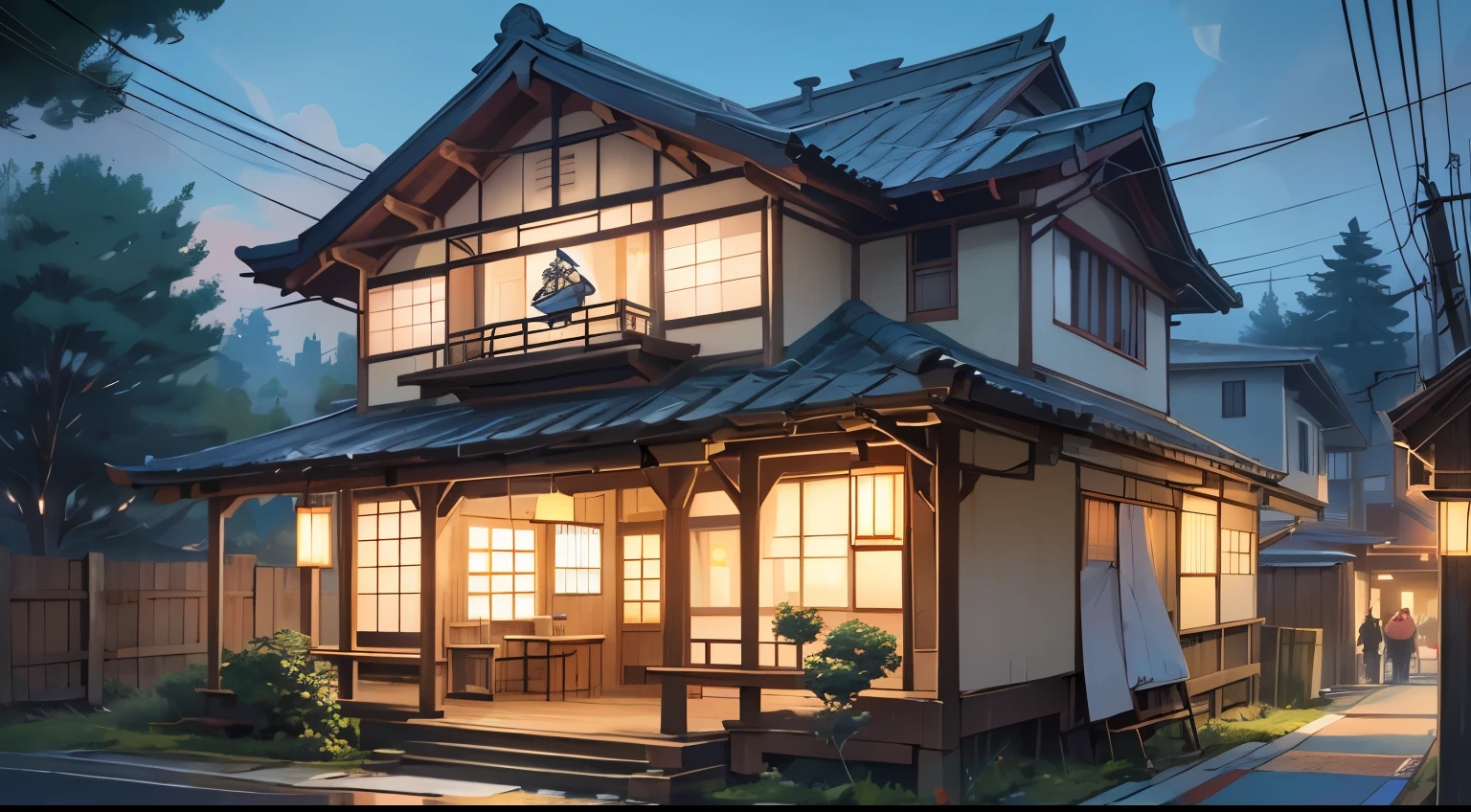 A Japanese restaurant with a neon sign and a cute mascot on the roof.with tree blossoms.at night. masterpiece, detailed, real one