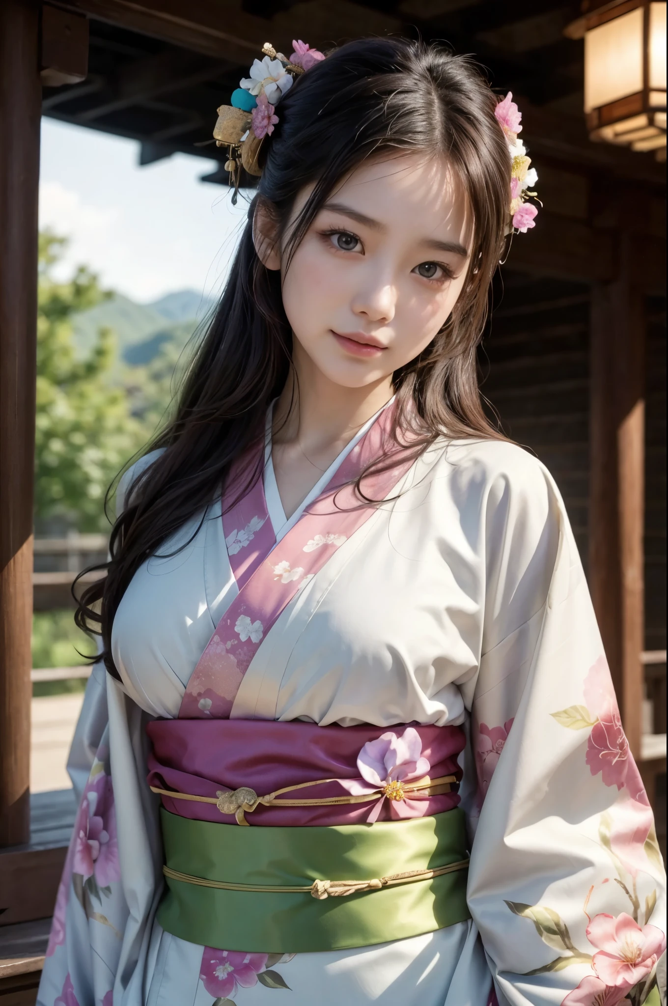 (masterpiece, best quality, highest quality, official art, beautiful and aesthetic: 1.2), (1 girl), exquisite costume (gorgeous Japanese kimono (colorful kimono (fine embroidery))), highly detailed, (fractal art), colorful, most detailed, mandala in background