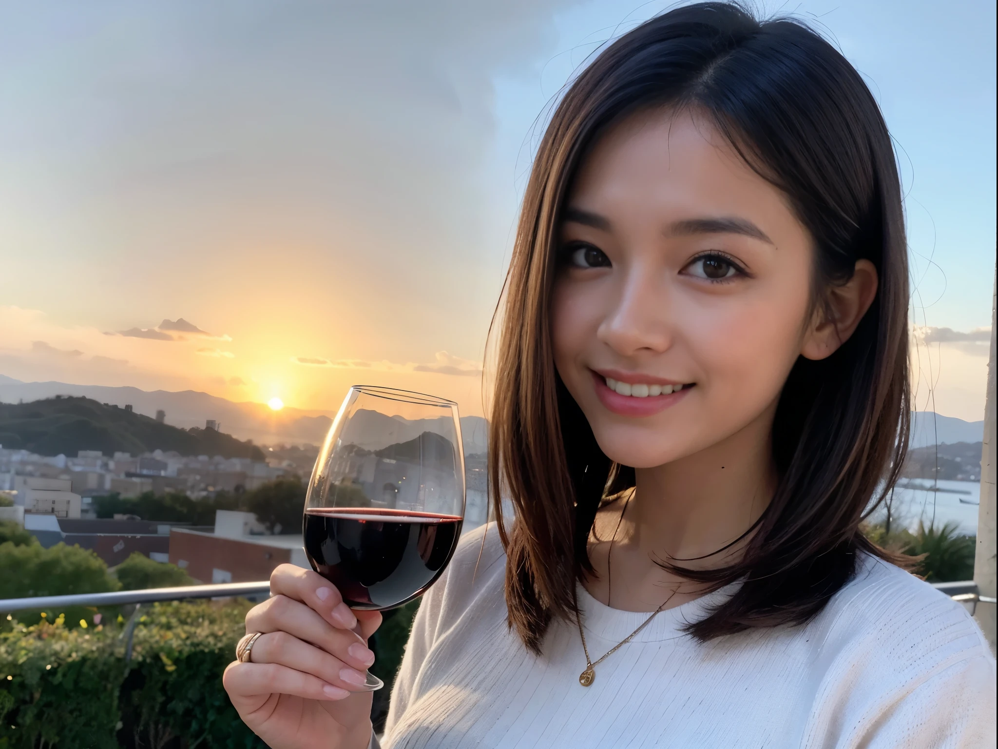 ((highest quality、8k、masterpiece:1.3))、1 male、1 female、石原さとみ似美女Couple、Spouse、Couple、The body is slim、((Bob Hale、Straight hair:1.2)), (Realistic, Intricate details:1.2), テーブルの上のwine glass、Shine light on your face、 Amazing view of the sunset sky and clouds、Amazing mountain views、A bright smile、The wonderfulness of smile、Bright image、The beauty of wine, Beautiful Face, blue eyes, The light shines on your face, Blushing, short hair,Bright Face、 (Age 37), 39 years old, red wine 、Appetizers、Italian food、Wine bottle、Champagne、sparkling wine、Two beauties、Brown Hair、Shortcuts、Long sleeve shirt、dress、Pretty Woman 1, (slimな顔), (The body is slim), (Brown Hair), (Shortcuts), cheeks turn a little red,Attractive beauty、restaurant, In a prominent place (From the waist up) Nova Frog Style, actress, model, Upper Body, White wine, slim, wine glass, 中央に置かれたwine glass, smile, (smile: 1.15), Beautiful fine grain, Depth f/2,saturation, High Contrast, Strong light and shadow,Moist Body:1.5、3D texture、Delicate eyes、Brown Hair、The hair is very shiny、