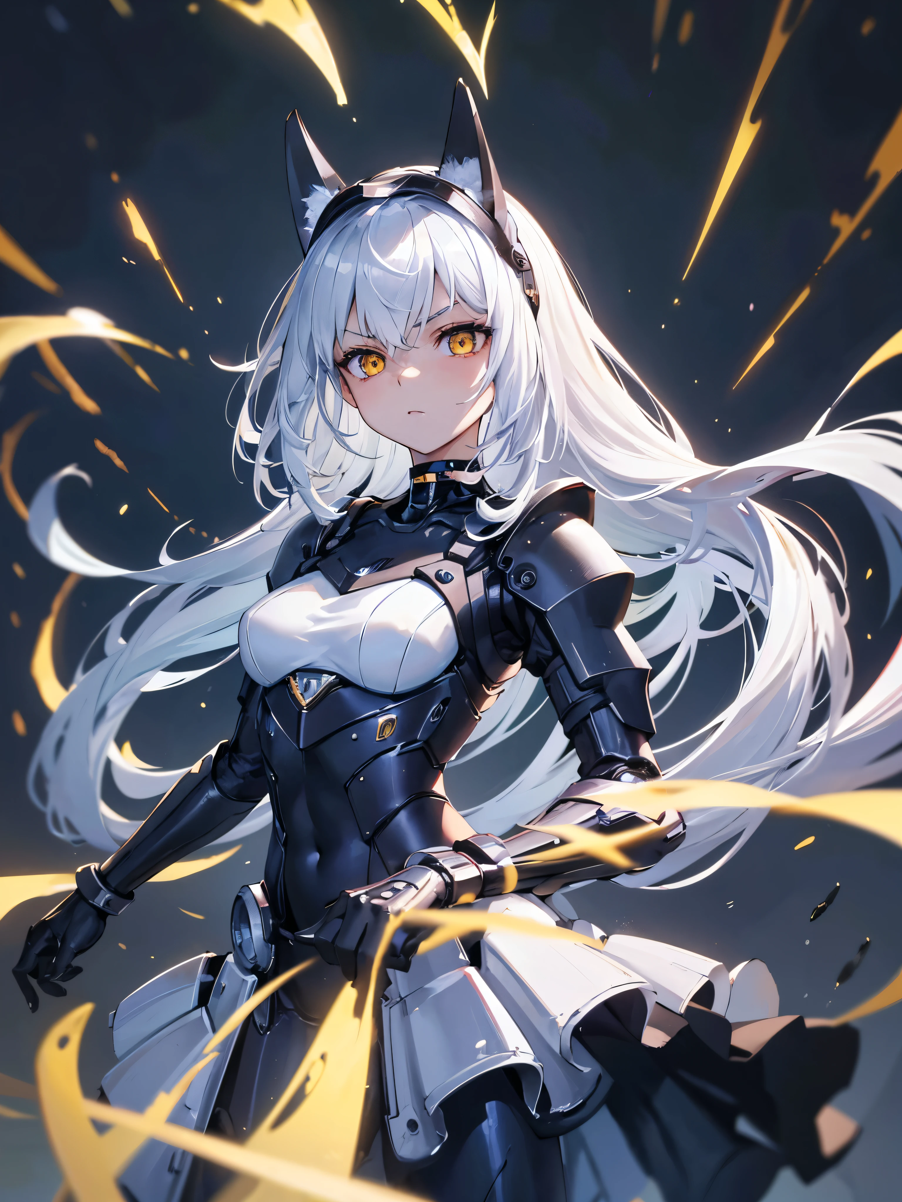 masterpiece, highest quality, Perfect Face, Highest Resolution, Highest quality,Detailed depiction of the eyes, foxy, 1 girl, young, slender body, small breasts, White Hair, Long Hair,one side braid grated, Big cat eyes, Yellow Eyes, cyber punk, Perfect Anatomy, Black ribbon choker, Future City, battlefield, violence, navy blue mechanical exoskeleton body, pale white metal body armor, mechanical metal headpiece, waist shot