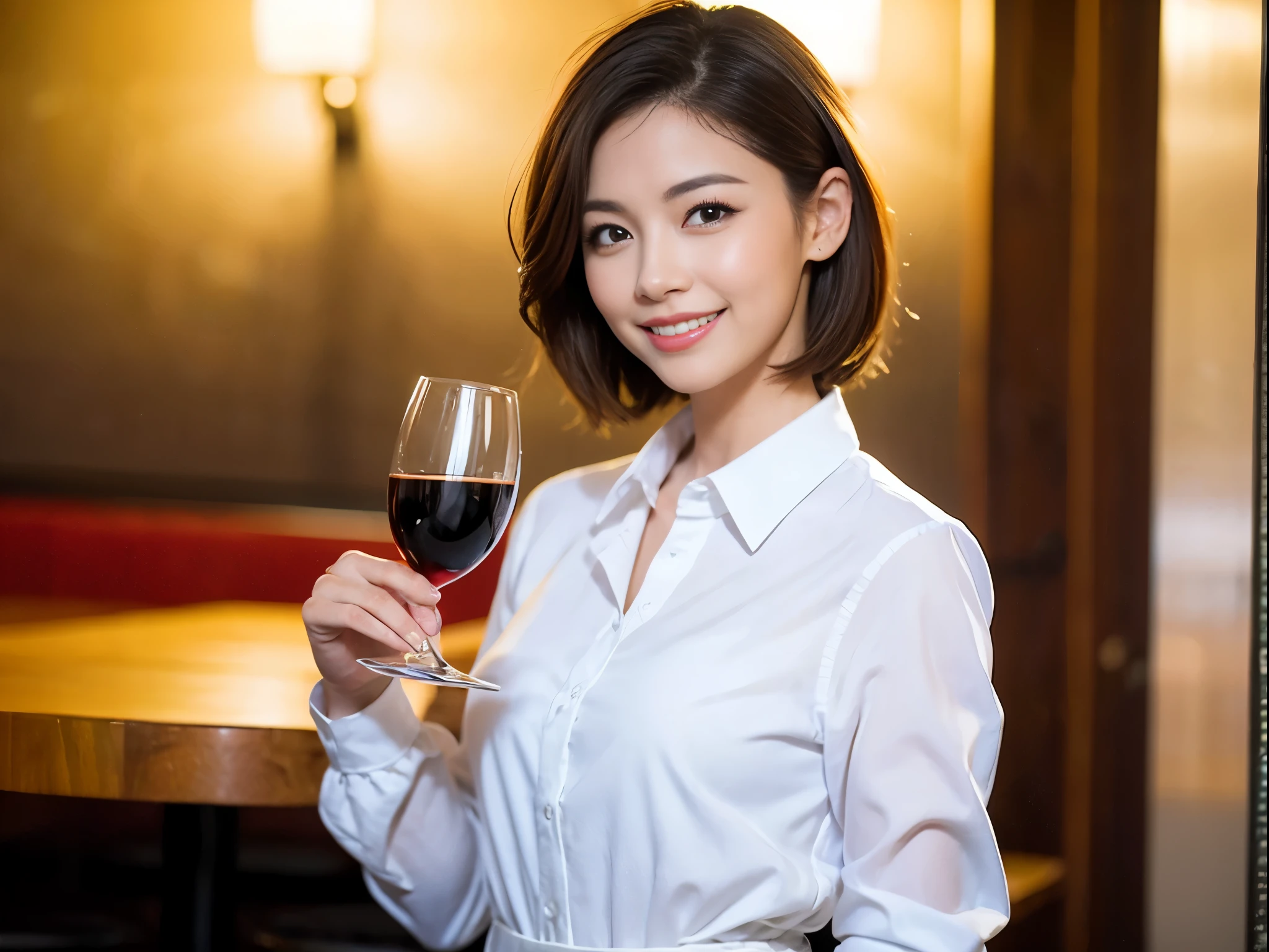 ((highest quality、8k、masterpiece:1.3))、1 male、1 female、石原さとみ似美女Couple、Spouse、Couple、The body is slim、((Bob Hale、Straight hair:1.2)), (Realistic, Intricate details:1.2), テーブルの上のwine glass、Shine light on your face、 Amazing view of the sunset sky and clouds、Amazing mountain views、A bright smile、The wonderfulness of smile、Bright image、The beauty of wine, Beautiful Face, blue eyes, The light shines on your face, Blushing, short hair,Bright Face、 (Age 37), 39 years old, red wine 、Appetizers、Italian food、Wine bottle、Champagne、sparkling wine、Two beauties、Brown Hair、Shortcuts、Long sleeve shirt、dress、Pretty Woman 1, (slimな顔), (The body is slim), (Brown Hair), (Shortcuts), cheeks turn a little red,Attractive beauty、restaurant, In a prominent place (From the waist up) Nova Frog Style, actress, model, Upper Body, White wine, slim, wine glass, 中央に置かれたwine glass, smile, (smile: 1.15), Beautiful fine grain, Depth f/2,saturation, High Contrast, Strong light and shadow,Moist Body:1.5、3D texture、Delicate eyes、Brown Hair、The hair is very shiny、