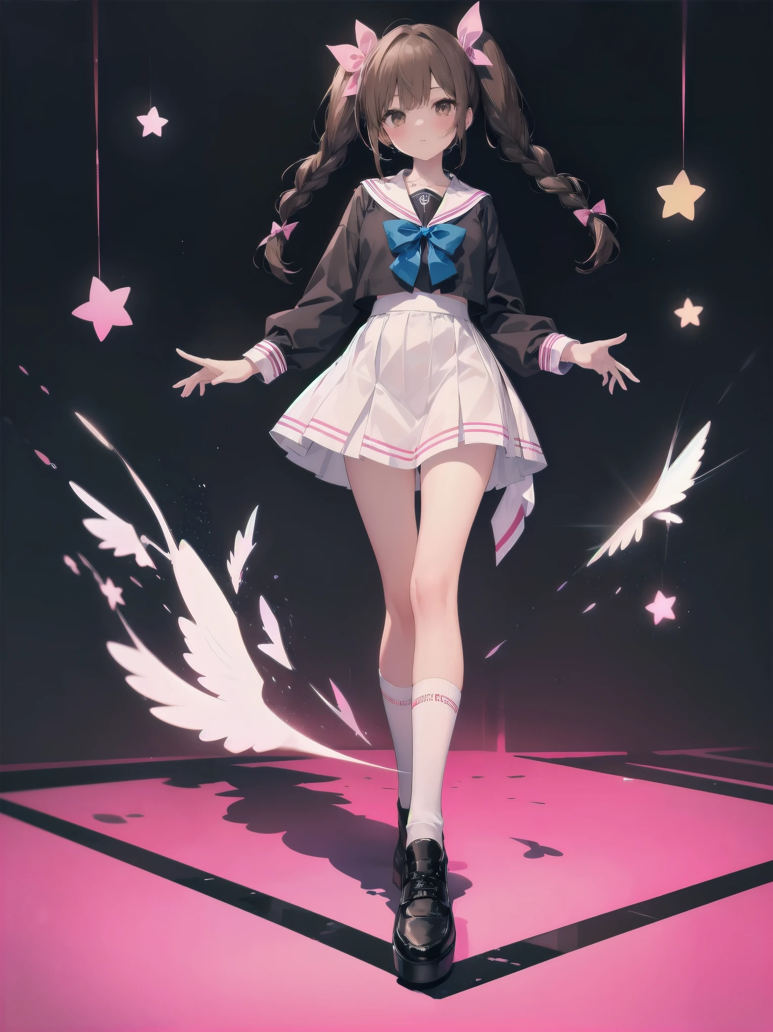 1girl, solo, looking at viewer, skirt, brown hair, shirt, long sleeves, bow, twintails, brown eyes, , full body, shoes, socks, sailor collar, black footwear, twin braids, cosplay, blue bow, white socks, pink skirt, photo background, pink sailor collar