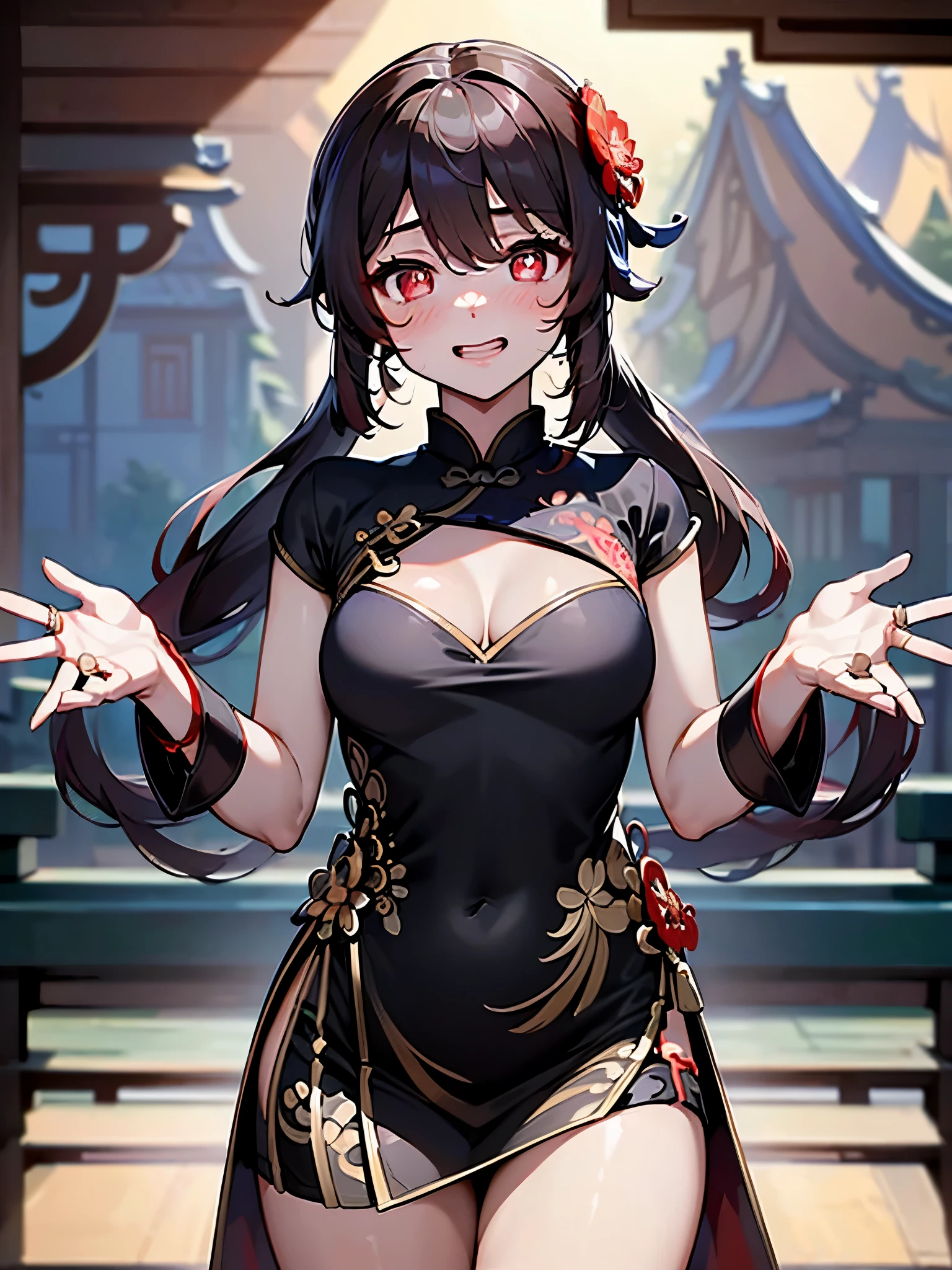 NSFW,hutao\(genshin\),(China dress:1.5),Cleavage,(Perfect hands),(Perfect Anatomy),(masterpiece),(highest quality),Embarrassed,blush,Feeling embarrassed,