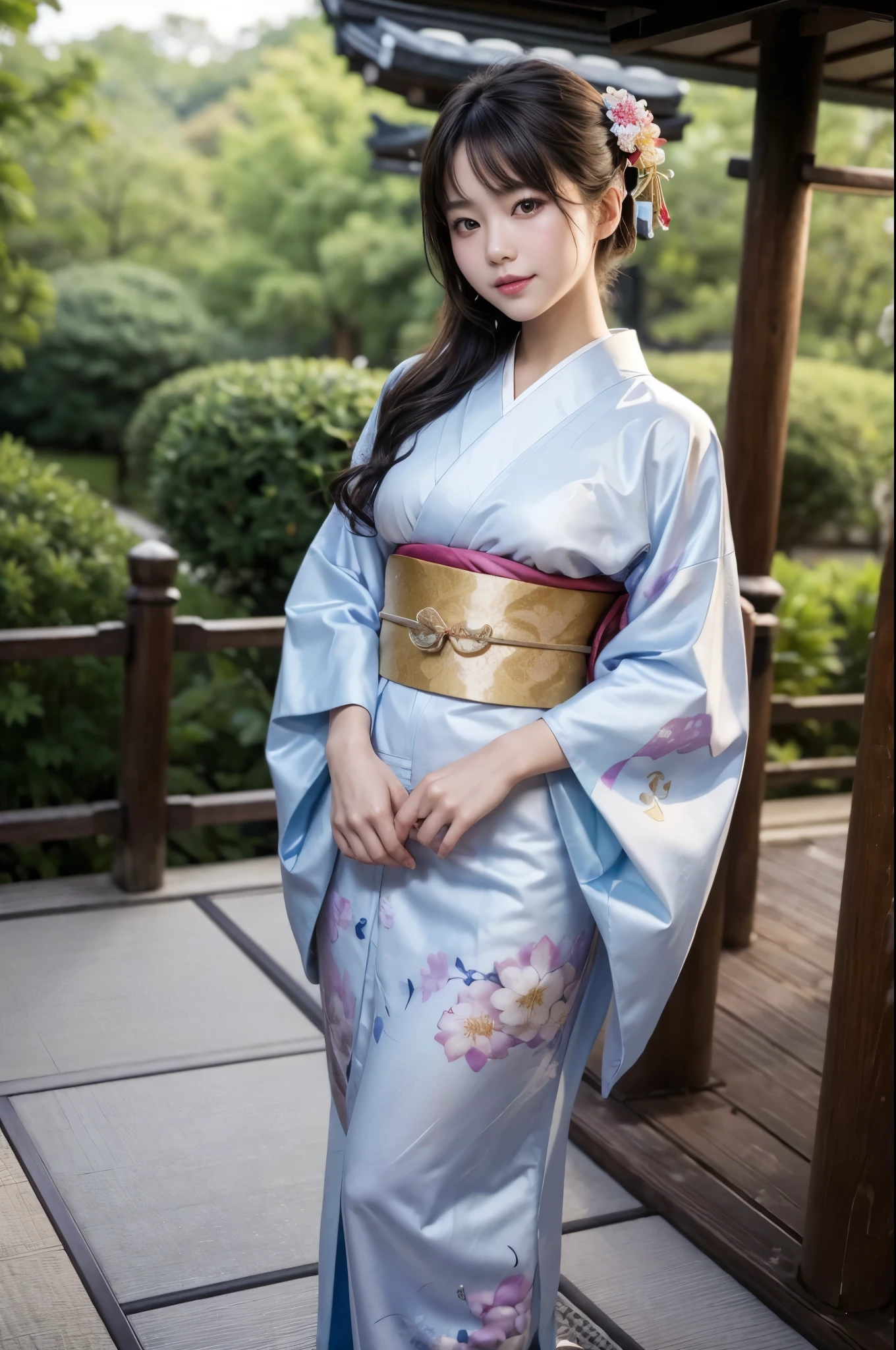 (masterpiece, highest quality, Realistic, High resolution, photograph, :1.3), Sharp focus, 1 Cute Japanese Girl, Hot Model, Highly detailed eyes and pupils, Realistic Skin, Highly detailed hair, Delicate face, Sensual look, Bright lips, Natural Lip, ((whole body shot)), standing pose, smile, (Kimono:1.5), (Floral:1.2), ((sash)), ((obi)), outside of home, (Japanese Style Country), full body,