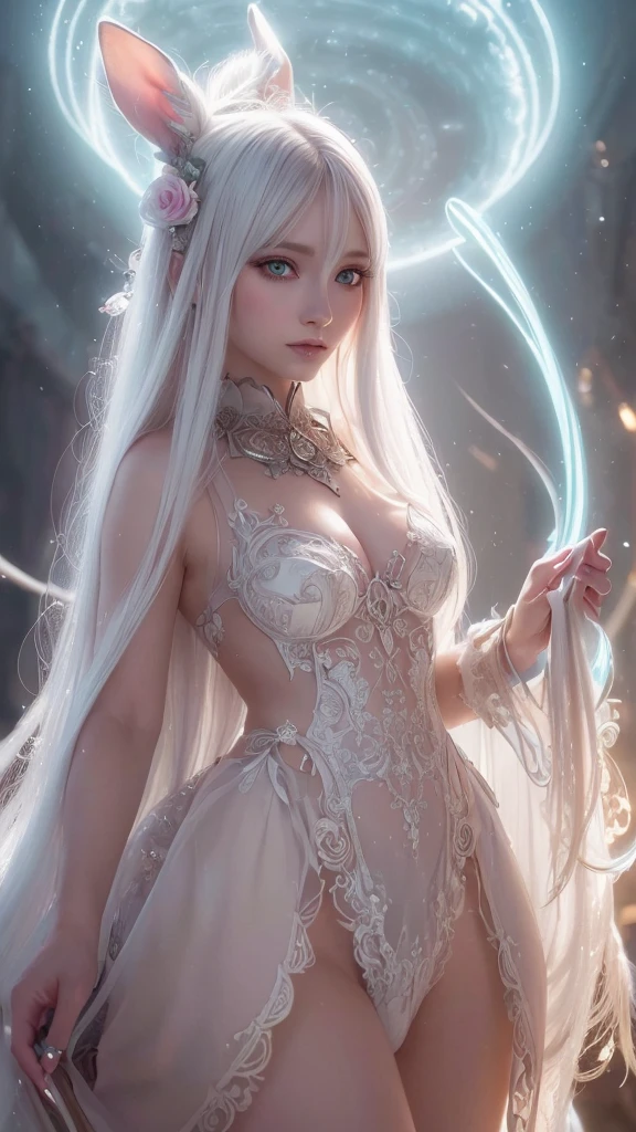 a beautiful detailed Rabbitgirl, long white hair, eyes, highly detailed, ethereal, glowing, magical, fantasy, digital art, cinematic lighting, intricate details, vibrant colors, (best quality,4k,8k,highres,masterpiece:1.2),ultra-detailed,(realistic,photorealistic,photo-realistic:1.37)