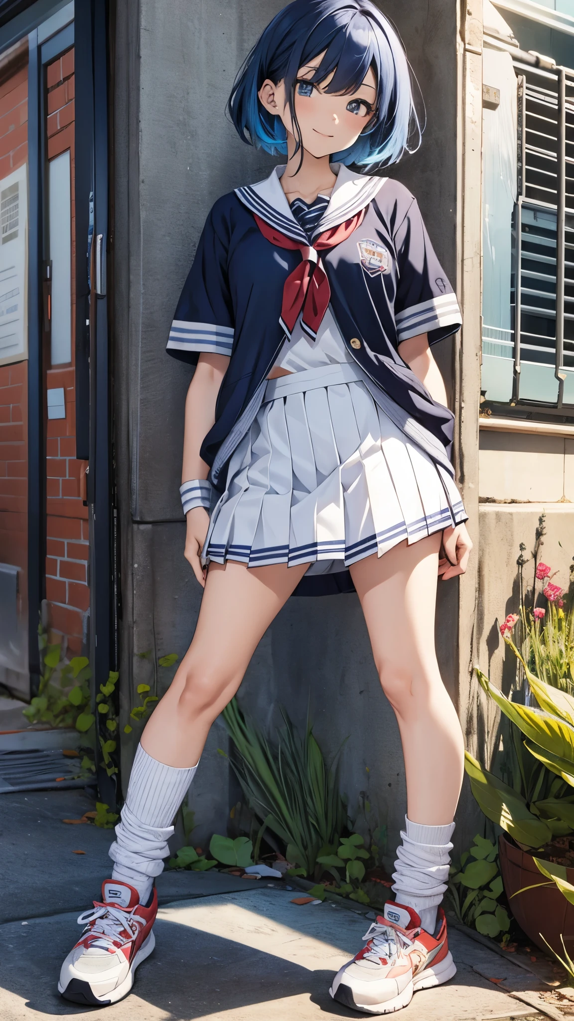 One 17 years old girl,short hair,blue hair mixed colored red hair,((high school uniform)),rage,grin,slender body,socks,sneakers.