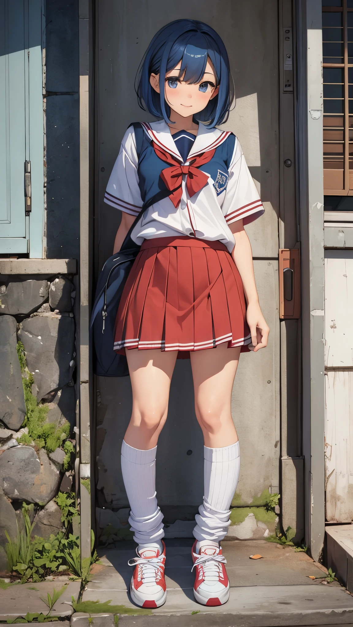 One 17 years old girl,short hair,blue hair mixed colored red hair,((high school uniform)),rage,grin,slender body,socks,sneakers.
