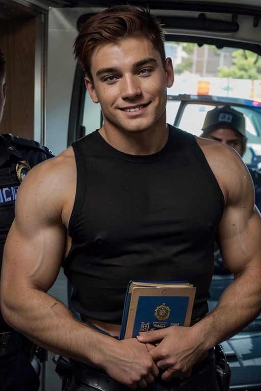 ((best quality)), ((masterpiece)), (detailed), perfect face, attractive man, 20 years old, short red hair, cute jock, full body, bodybuilder, tough guy face, handcuffed and arrested cop, police uniform shredded and torn, dumb thoughtless smile, handcuffed cop being led to police car to be arrested, cop being arrested wears torn police uniform