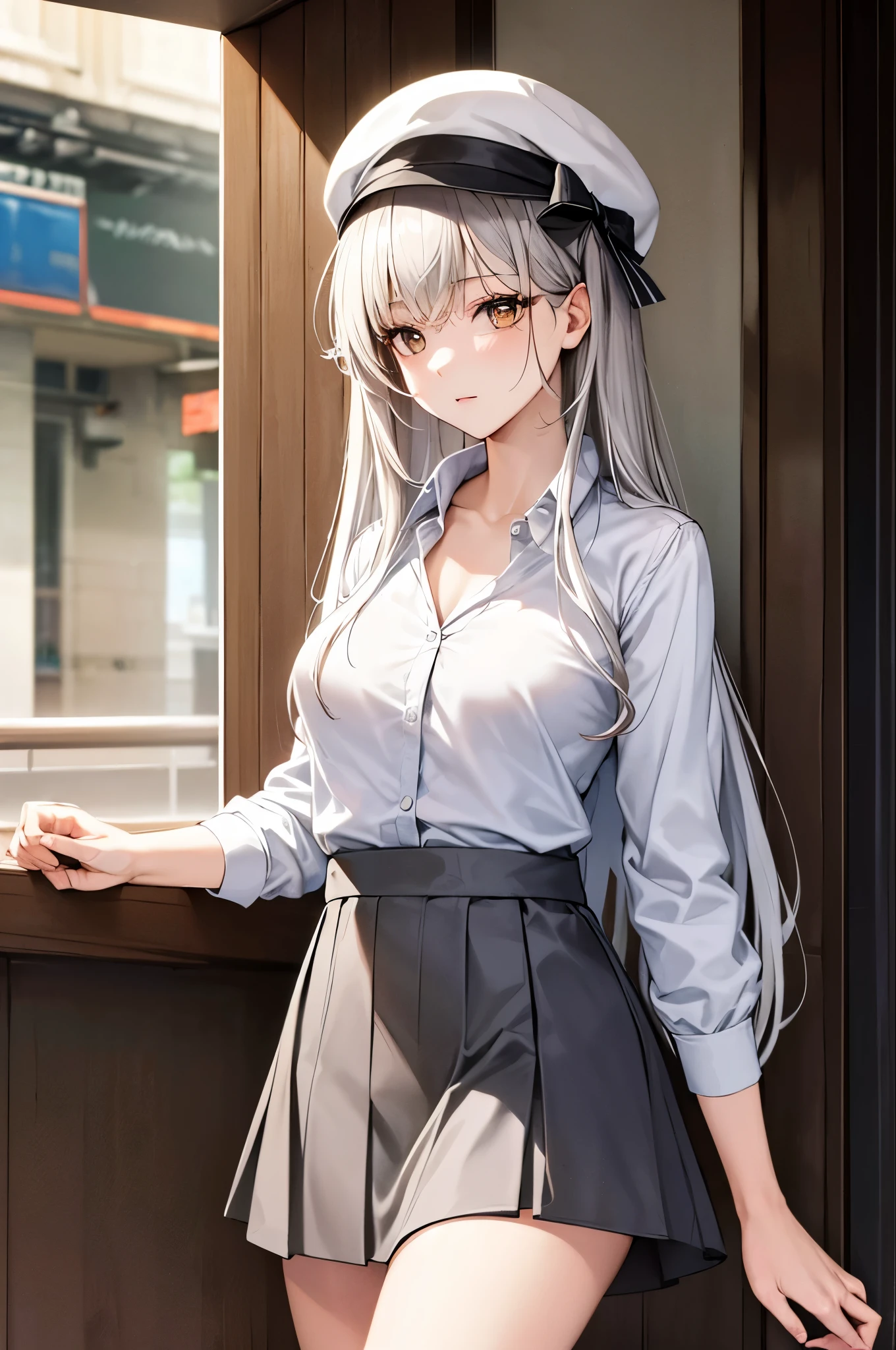 masterpiece, high quality, 最high quality, beautiful, High resolution, Perfect lighting, Detailed face, Detailed body, 1 girl, alone, (Long white hair), Brown eyes, Medium chest, , ((Grey short skirt)), (Grey hat), In front of the cafe,