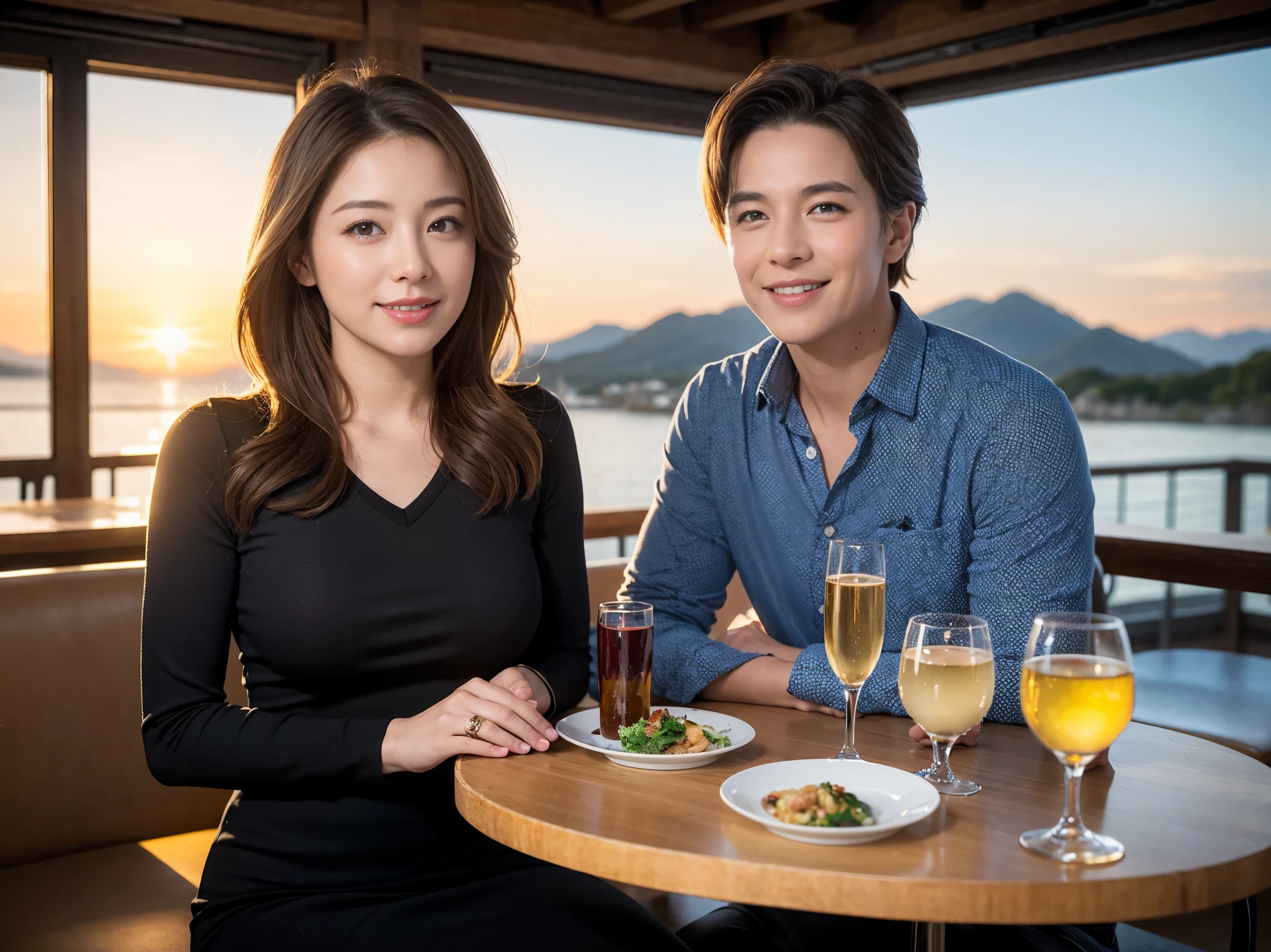 ((highest quality、8k、masterpiece:1.3))、1 male、1 female、Satomi Ishihara-like beautiful couple、Spouse、Couple、The body is slim、((Bob Hale、Straight hair:1.2)), (Realistic, Intricate details:1.2), Wine glass on the table、Shine light on your face、 Amazing view of the sunset sky and clouds、Amazing mountain views、A bright smile、The wonderfulness of smile、Bright image、The beauty of wine, Beautiful Face, blue eyes, The light shines on your face, Blushing, short hair,Bright Face、 (Age 37), 41 years old, red wine 、Appetizers、Italian food、Wine bottle、Champagne、sparkling wine、Two beauties、Brown Hair、Shortcuts、Long sleeve shirt、dress、Pretty Woman 1, (Slim face), (The body is slim), (Brown Hair), (Shortcuts), cheeks turn a little red,Attractive beauty、restaurant, In a prominent place (From the waist up) Nova Frog Style, actress, model, Upper Body, White wine, slim, wine glass, A wine glass placed in the center, smile, (smile: 1.15), Beautiful fine grain, Depth f/2,saturation, High Contrast, Strong light and shadow,Moist Body:1.5、3D texture、Delicate eyes、Brown Hair、The hair is very shiny、