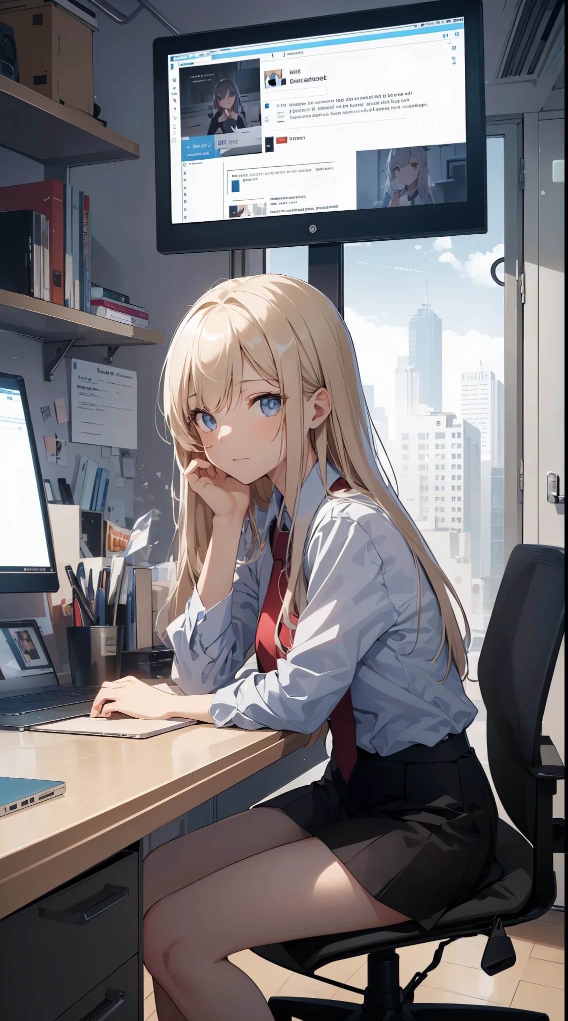 This illustration depicts a cute girl working in an office in a high-rise building, at a moment when she is tired of the situation. She is working on her laptop and is facing the monitor. His eyes are shining. Inside the room are piles of documents, an office desk and chair, a monitor, etc. However, the most notable thing is the "final mysterious high-energy body" she emits. This energy body is released from her body and has the power to obliterate the garbage in the room. emits a pale, white light that reaches every corner of the room. The view from the window is a night view. A girl with a satisfied expression is sitting.