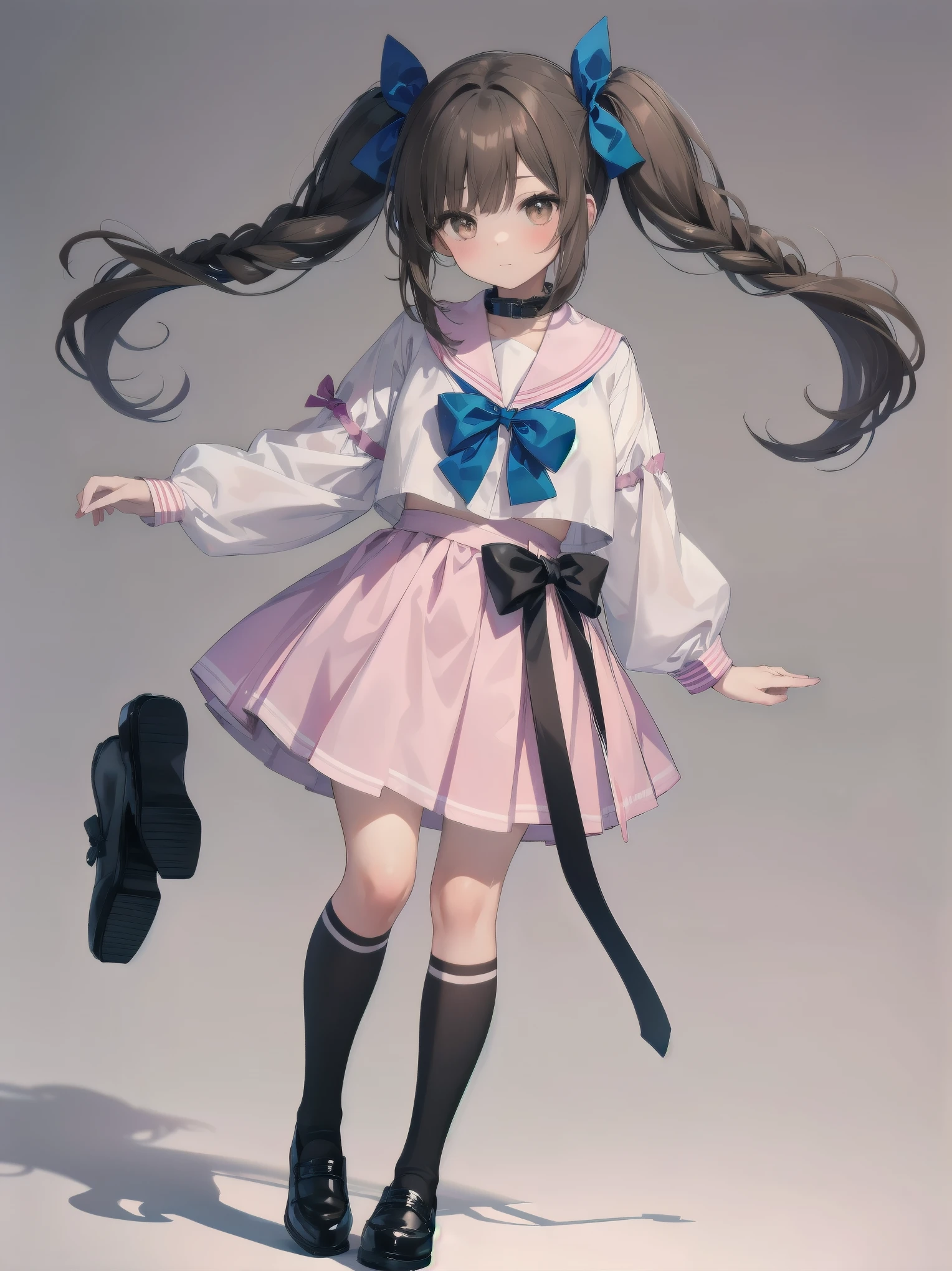 1girl, solo, looking at viewer, skirt, brown hair, shirt, long sleeves, bow, twintails, brown eyes, , full body, shoes, socks, sailor collar, black footwear, twin braids, cosplay, blue bow, white socks, pink skirt, photo background, pink sailor collar