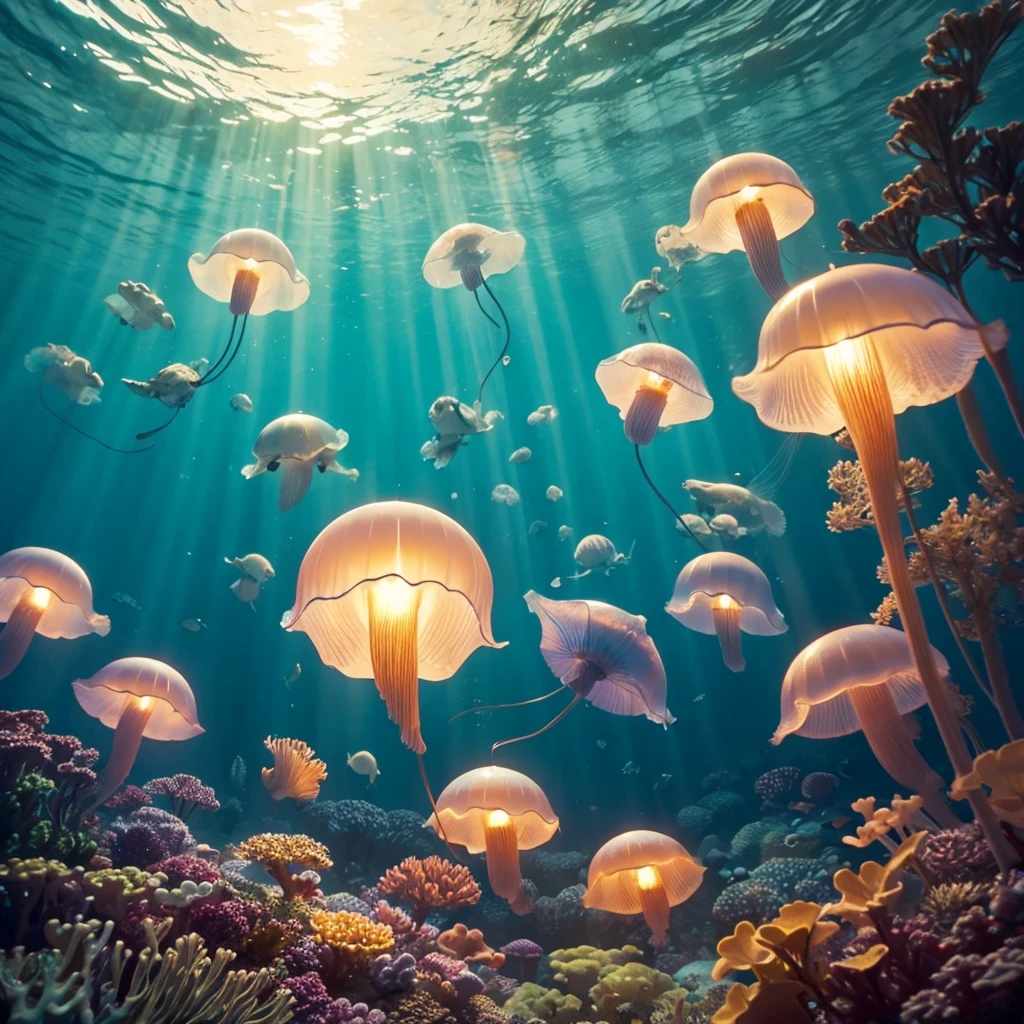 jellyfish, no human, happy, glad, under the sea, underwater, bubble, bubble blowing, Heartwarming Scene, at night, cute, UwU, beautiful, hazy atmosphere, reflective atmosphere, dreamy atmosphere, mystical atmosphere, mysterious atmosphere, calm atmosphere, chill atmosphere, nostalgic atmosphere, romantic atmosphere, romantic academia, vibrant academia, moonlight, fox shadow puppet, --c 100