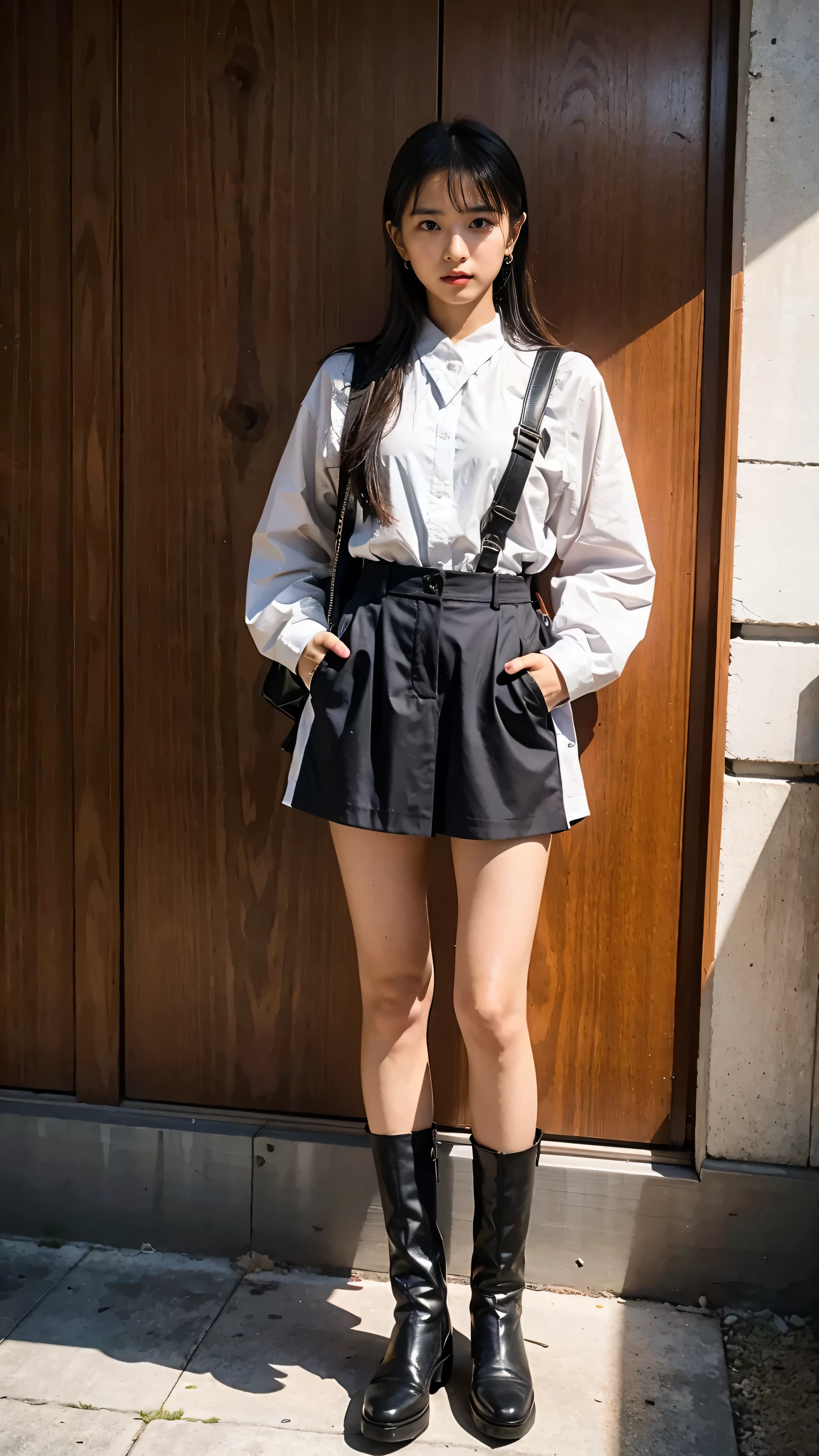 (8k、RAW Photos、highest quality、masterpiece:1.2)、(Realistic、Realistic)、1 girl、((shirt、garden、mile、View from the front、boots、Standing with hands on hips))、