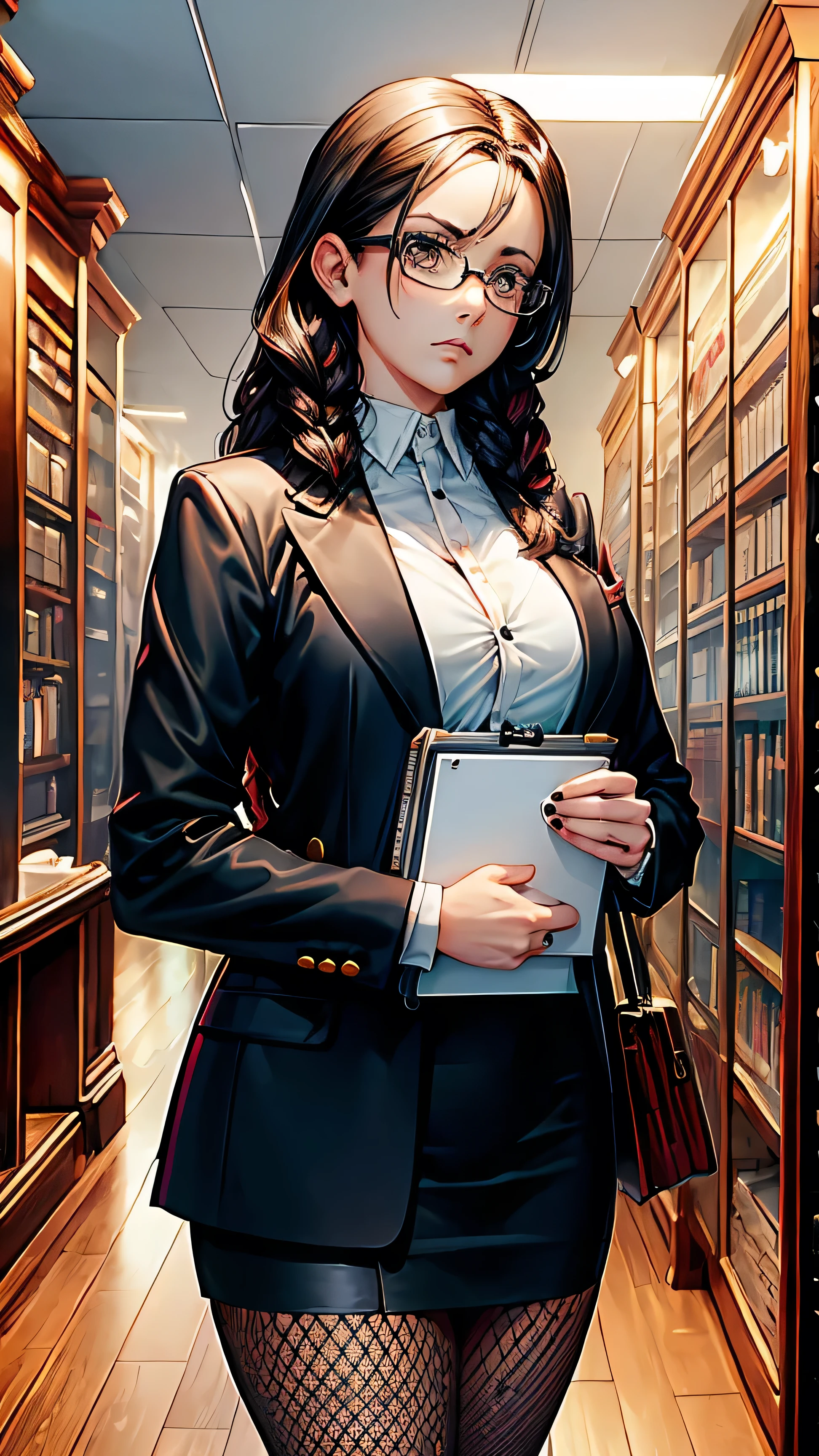 Secretary outfit,black mini rock, white shirt, black jacket, fishnets, adult, 35 years old, beautiful women, black hair, long hair, office hair cut, glasses, brown eyes, beautiful brown eyes, strict gaze, serious expression, tall women, big breasts, slim body, clipboard in hands, masterpiece, antique office background, bookshelves