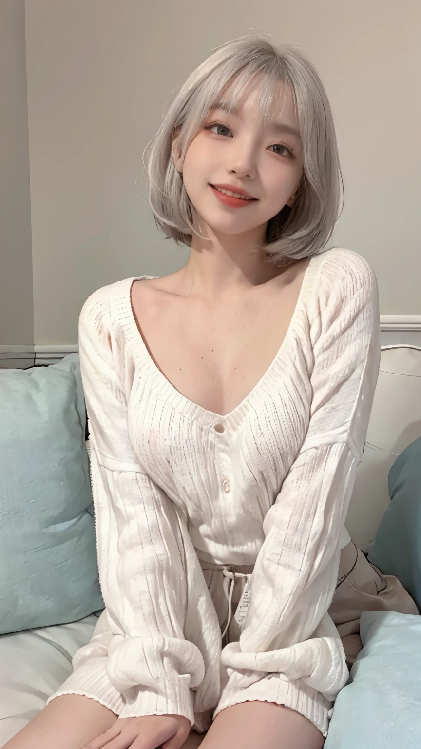Best image quality、Raw photo、超A high resolution、21 year old Korean、Small breasts、Small breasts、Dynamic Angle、Cowboy Shot、Chaos in its most beautiful form、elegant、Brutalist Design、Beautiful white hair、Vibrant colors、Short Bob、smile、fun、smile、Glowing White Skin、Beautiful eyes with random colors、Very thin lips、Beautiful eyes in every detail、Long, narrow eyes、Pale pink blush、Long eyelashes、Beautiful double eyelids、eye shadow、Bright white hair、sofa、large summer sweater、Short sleeves、sleep、lie down、Lying on your back、Full body shot、Full body shotする