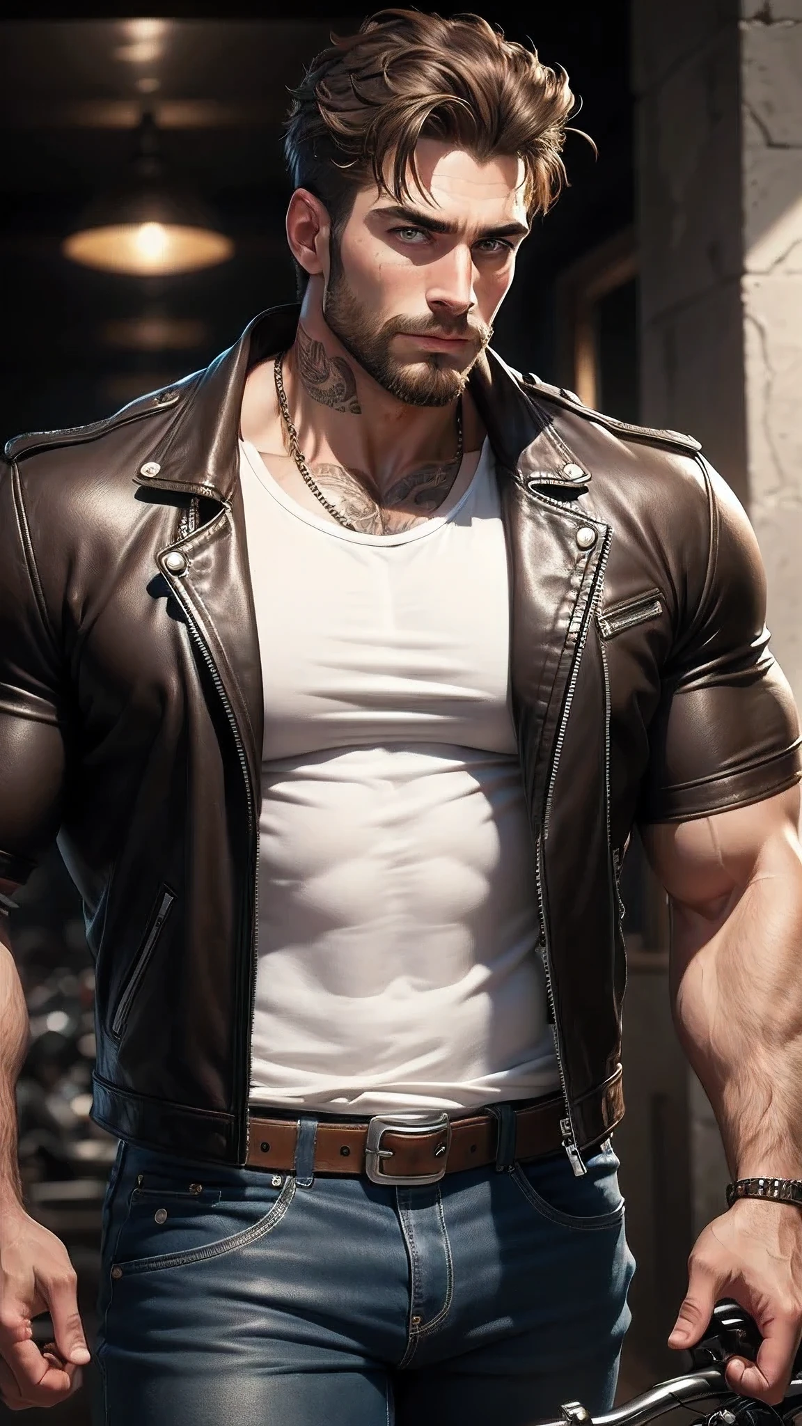 top quality, best quality, High-quality illustrations, masterpiece, super high resolution, detailed background, handsome 34 year old, brutal male, muscular body, scar on the left eyebrow, beard, man holding a small brown puppy, daytime, joy, cinematic lighting, "Ruggedly handsome" + "he has tattoos on both arms" + "Effortless charisma" + "leather jacket" + white t-shirt, "muscular physique" + "intense gaze" + "little scar on his left eyebrow" + "short brown hair" + "silver jewerly, portrait, closeup, bike, biker