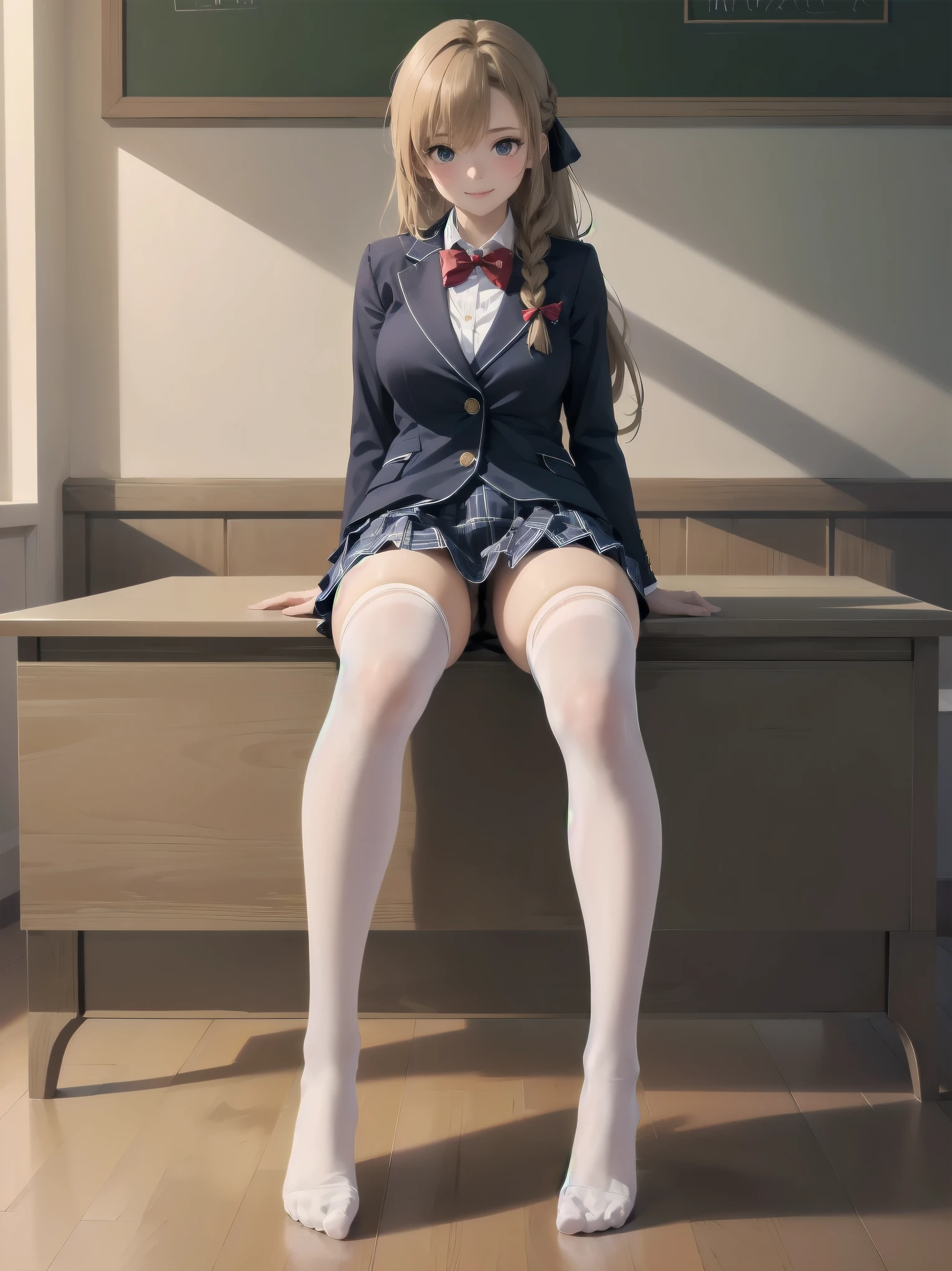 1girl, solo, long hair, breasts, looking at viewer, blush, smile, bangs, skirt, blonde hair, brown hair, shirt, thighhighs, long sleeves, bow, brown eyes, sitting, closed mouth, , jacket, full body, white shirt, braid, thighs, pleated skirt, collared shirt, indoors, bowtie, red bow, feet, white thighhighs, lips, legs, parted bangs, plaid, toes, plaid skirt, no shoes, blazer, blue jacket, red bowtie, knees up, on floor, chalkboard, asuna \(sao\)
