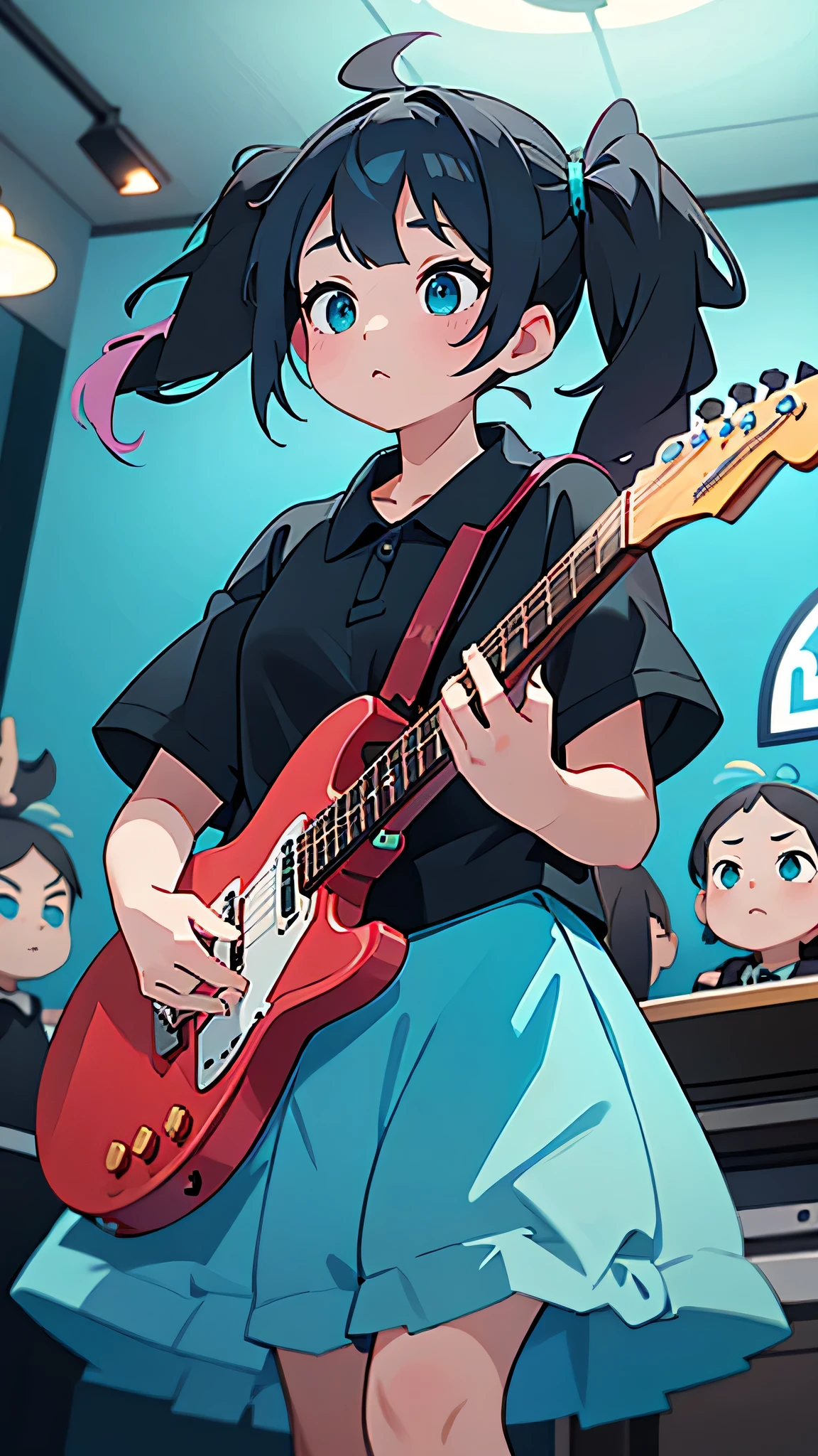 ((masterpiece, highest quality))One Girl, alone, Black Dress, blue eyes, electric guitar, guitar, Headphones, Double Ponytail, Holding, Holding plectrum, musical instrument, Long Hair, music, One side up, Turquoise Hair, Twin tails, Playing guitar, Pleated skirt, Black Shirt, interior