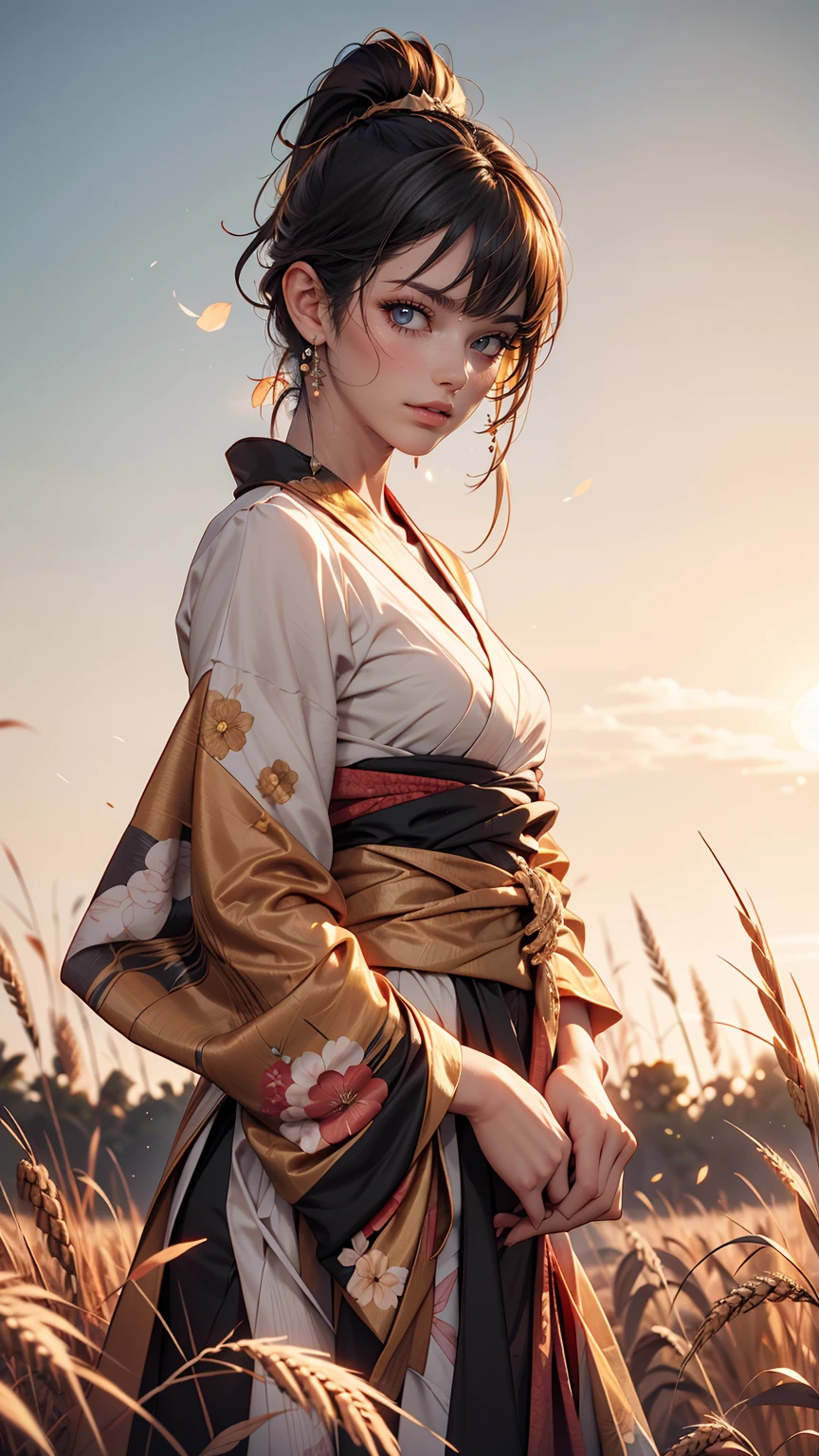 A girl in a kimono stands expressionless in a wheat field up to her waist, Black kimono with gold rimming, her hair is tied in a ponytail, Yellow Eyes, The sunset in her eyes, The light hits her face, Half landscape orientation to the camera