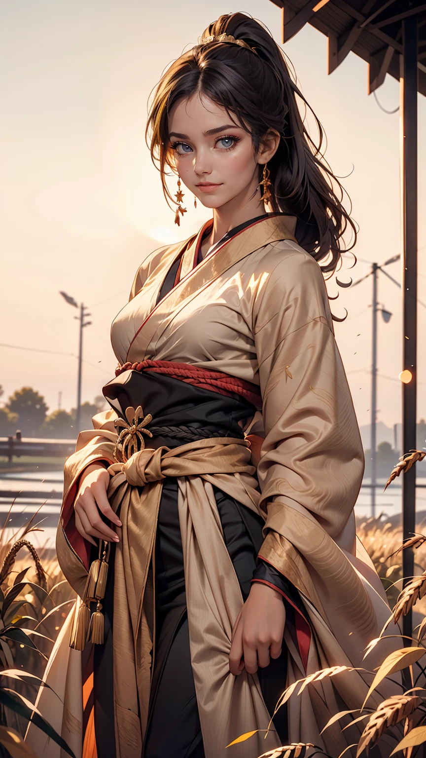 A girl in a kimono stands expressionless in a wheat field up to her waist, Black kimono with gold rimming, her hair is tied in a ponytail, Yellow Eyes, The sunset in her eyes, The light hits her face, Half landscape orientation to the camera