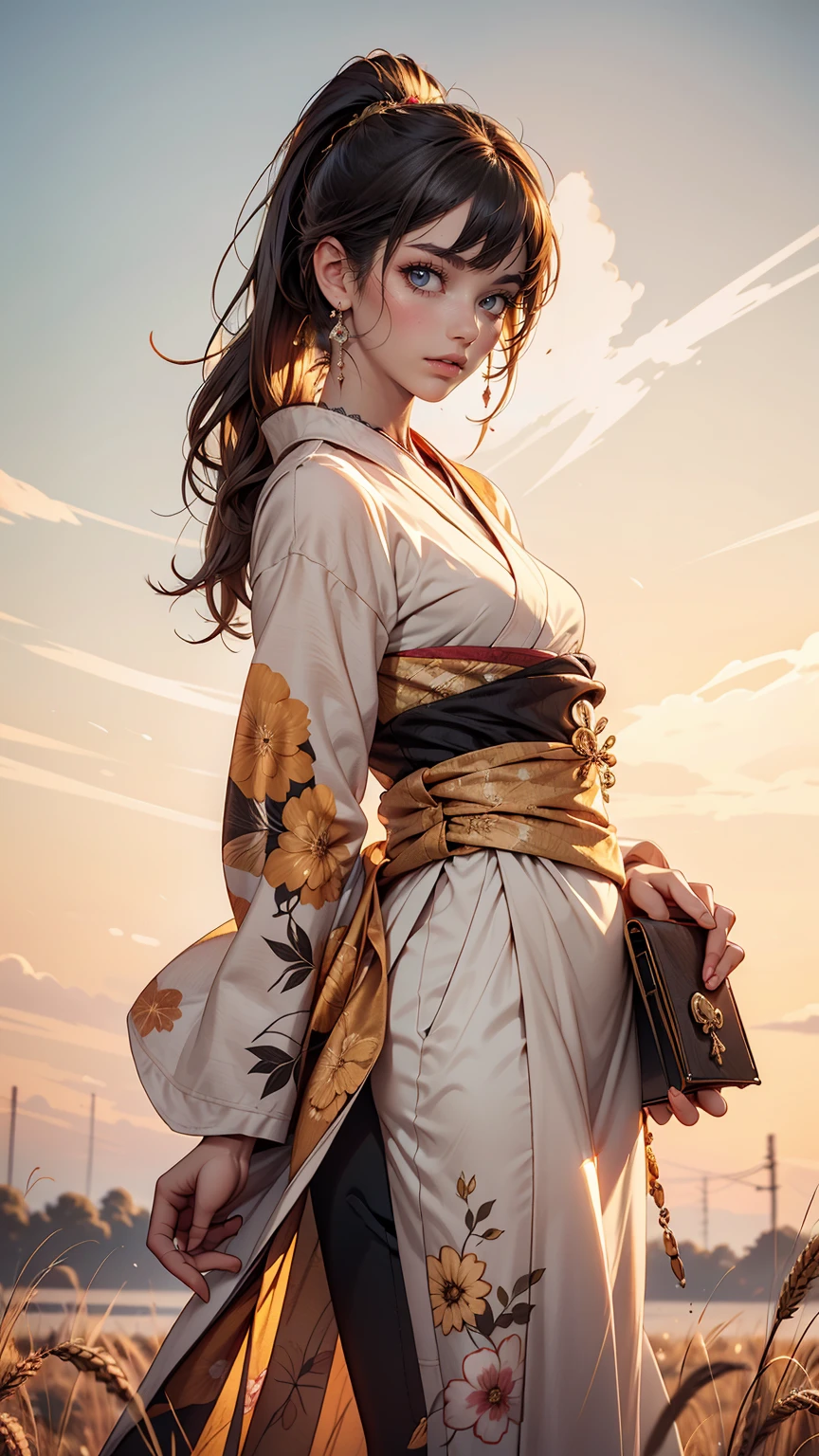 A girl in a kimono stands expressionless in a wheat field up to her waist, Black kimono with gold rimming, her hair is tied in a ponytail, Yellow Eyes, The sunset in her eyes, The light hits her face, Half landscape orientation to the camera