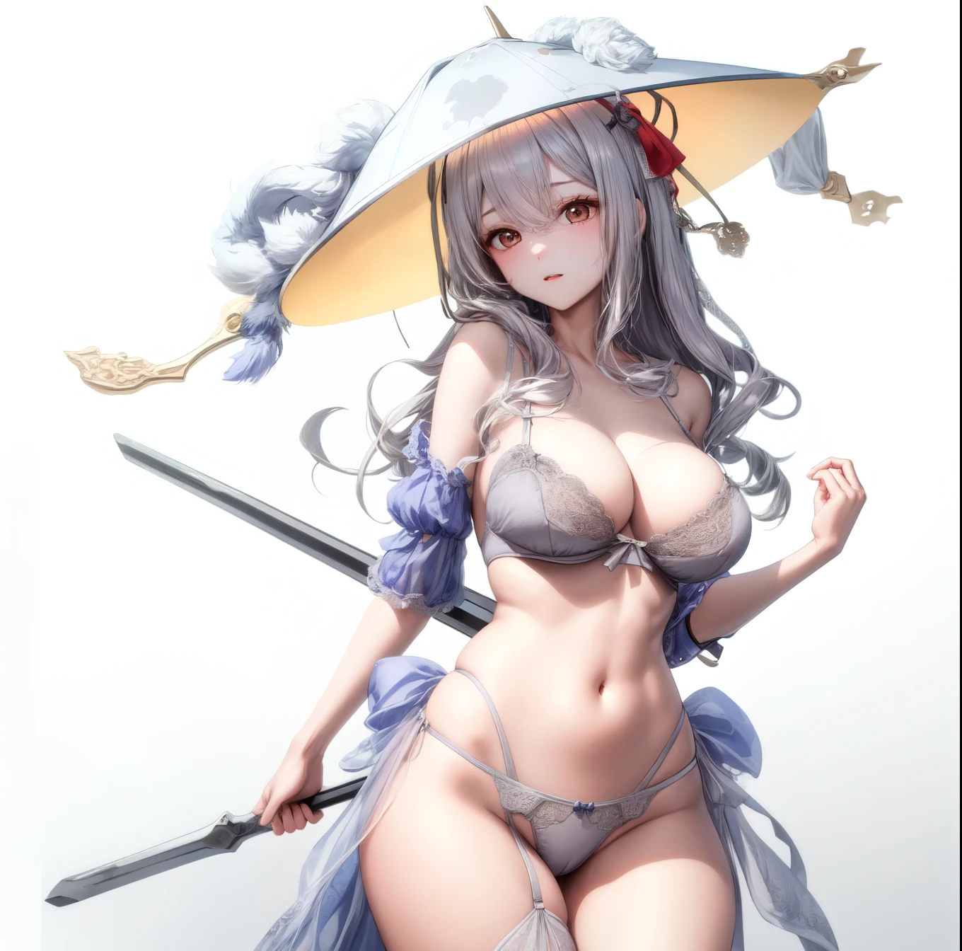 masterpiece, highest quality, scarlet, Grey long hair, Very large breasts、baby doll、lingerie、Hat on head、Holding a long sword