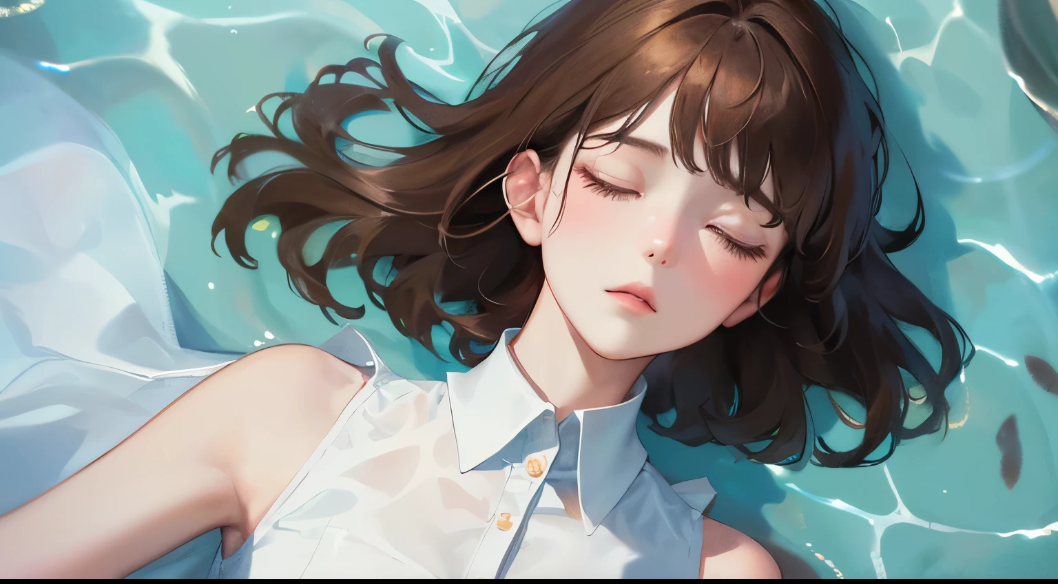 ((The bottom of the sea)))、(((One Girl)))、((Expressionless)),Masterpiece,best quality, ((Are sleeping))), ,((Sleeveless shirt))、((The sea reflecting the sky))、determined expression, Upper body diagram、 (Highest Resolution、Clear_image)、Best Quality、Light and shadow contrast、((illumination))、Very detailed、Semi-realistic、Short Hairstyle、Brown Hair、bangs、19 years old、 Lady,,young、((View from above))、Delicate Facial Features