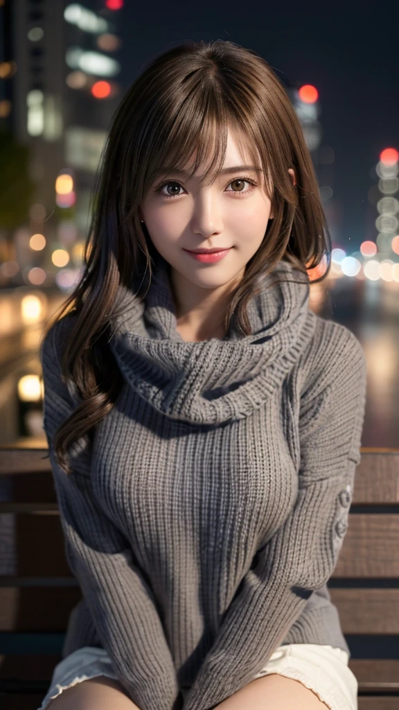 1 japanese girl,(Dark grey sweater:1.4),(she wears a knitted scarf around her neck.:1.2), (Raw photo, Best Quality), (Realistic, Photorealsitic:1.4), masutepiece, extremely delicate and beautiful, Extremely detailed, 8k wallpaper, amazing, finely detail, extremely detailed CG Unity, hight resolution, Soft light, Beautiful detailed 19 year old girl, extremely detailed eye and face, beautiful detailed nose, Beautiful detailed eyes,Cinematic lighting,city light at night,Perfect ???????,Slender body,Smiling (hair messy, asymmetrical bangs, light brown hair,),Seductive pose,The chest is slightly visible,Large breasts sagging due to gravity, Spread your legs,