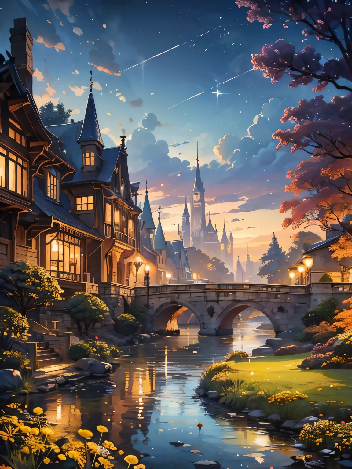 Masterpiece, 8K,16k,CG rendering, highly detailed, detailed background, (antique photo landscape :1,2), (medieval cityscape :1,3), (watercolor :1,3), river, bridge, strong light, (light sparkles:1,4), bokeh,(dandelion), (pastel :1,3), (colorful :1,3), (passion :1,3)