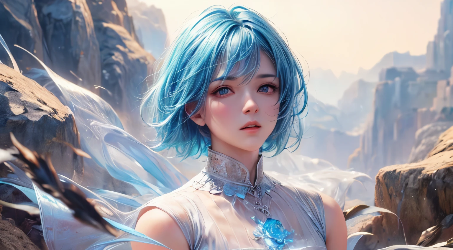 high quality,1 girl,short hair, Super detailed CG illustration of a young man with a calm expression, Stare into the distance,His striking light blue hair blew gently in the desert breeze. The landscape behind him is vast and stunning, Taking viewers into a world of wonder and discovery.More ideas