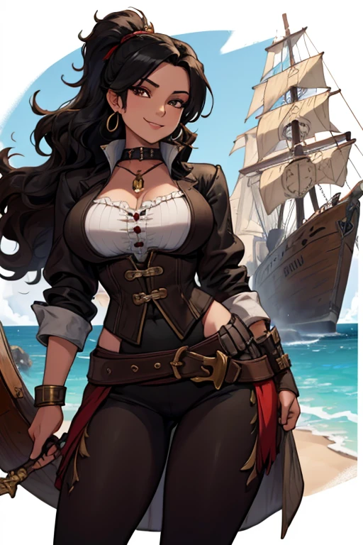 A black haired woman with brown eyes with an hourglass figure in a pirate's outfit is smiling on a pirate's ship