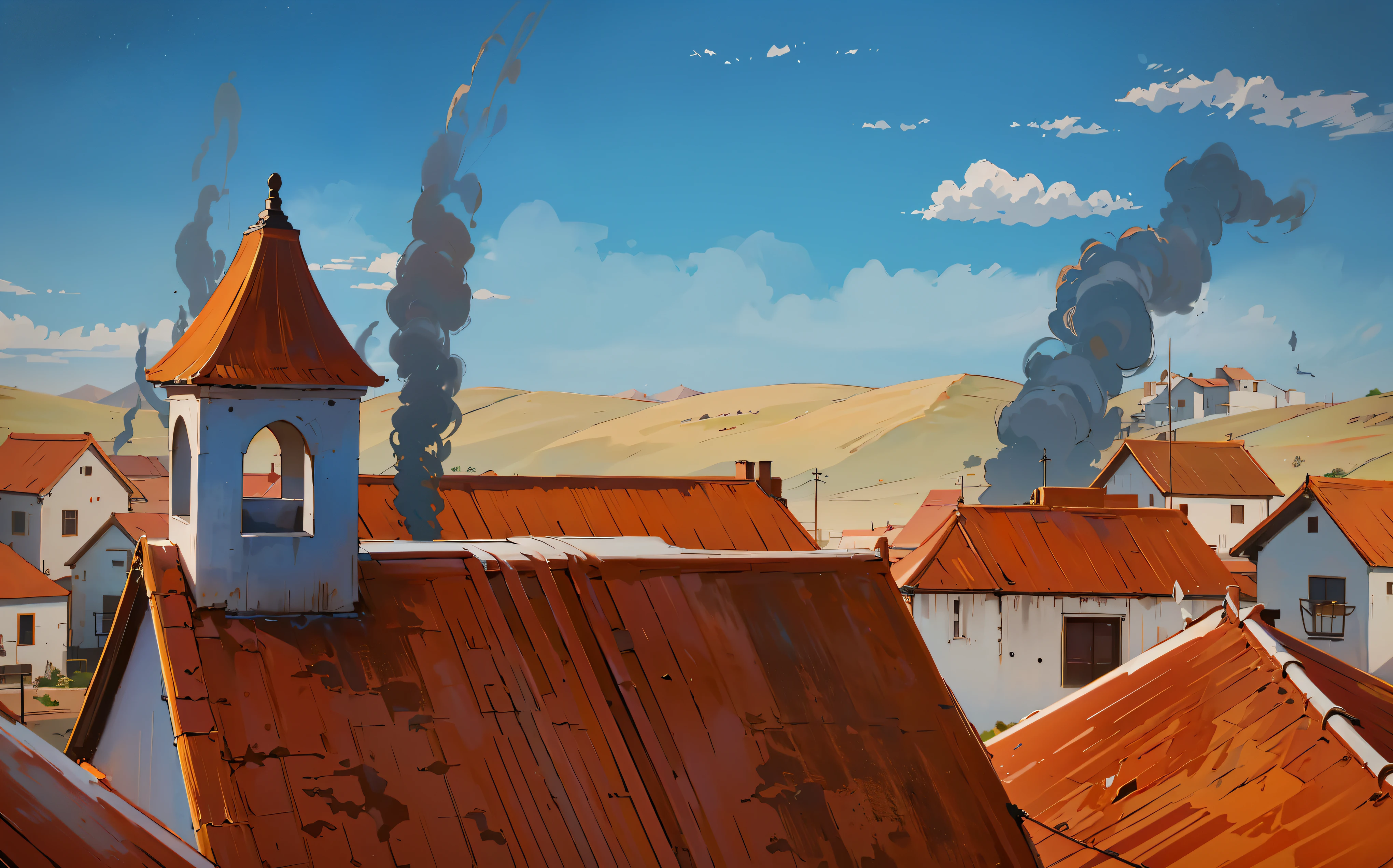 masterpiece, high quality, medieval town square, fantasy buildings, orange roof tops, bell tower, smoking bellowing, desert background,