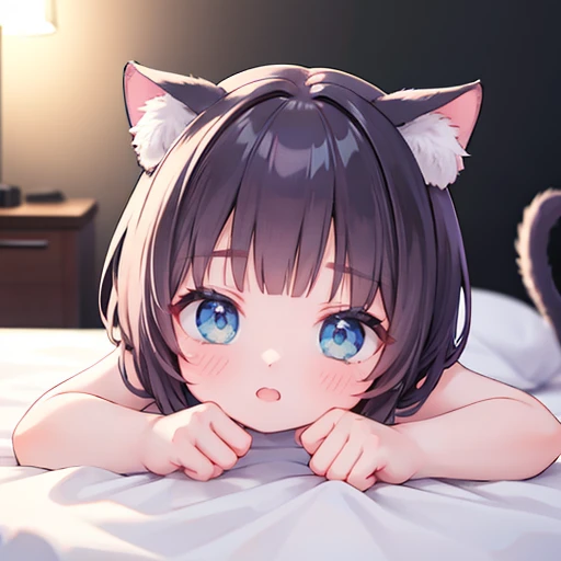 A girl, Height 150 cm, Cat ear, Catwoman，(best quality,4k,8K,high resolution,masterpiece:1.2),Very detailed,(Practical,photoPractical,photo-Practical:1.37),HDR,super high quality,Studio Lighting,Ultra-fine,Stay focused,Physically Based Rendering,Very detailed的描述,professional,Vibrant colors,Bokeh,portrait,Anime style，charming的,Kawaii,charming的,elegant,beautiful,charming，full-body shot，JK，White，The correct number of limbs，correct number of fingers，Reasonable body proportions，Delicate face，Correct limb length，The face is rich in detail，Sitting on the bed
