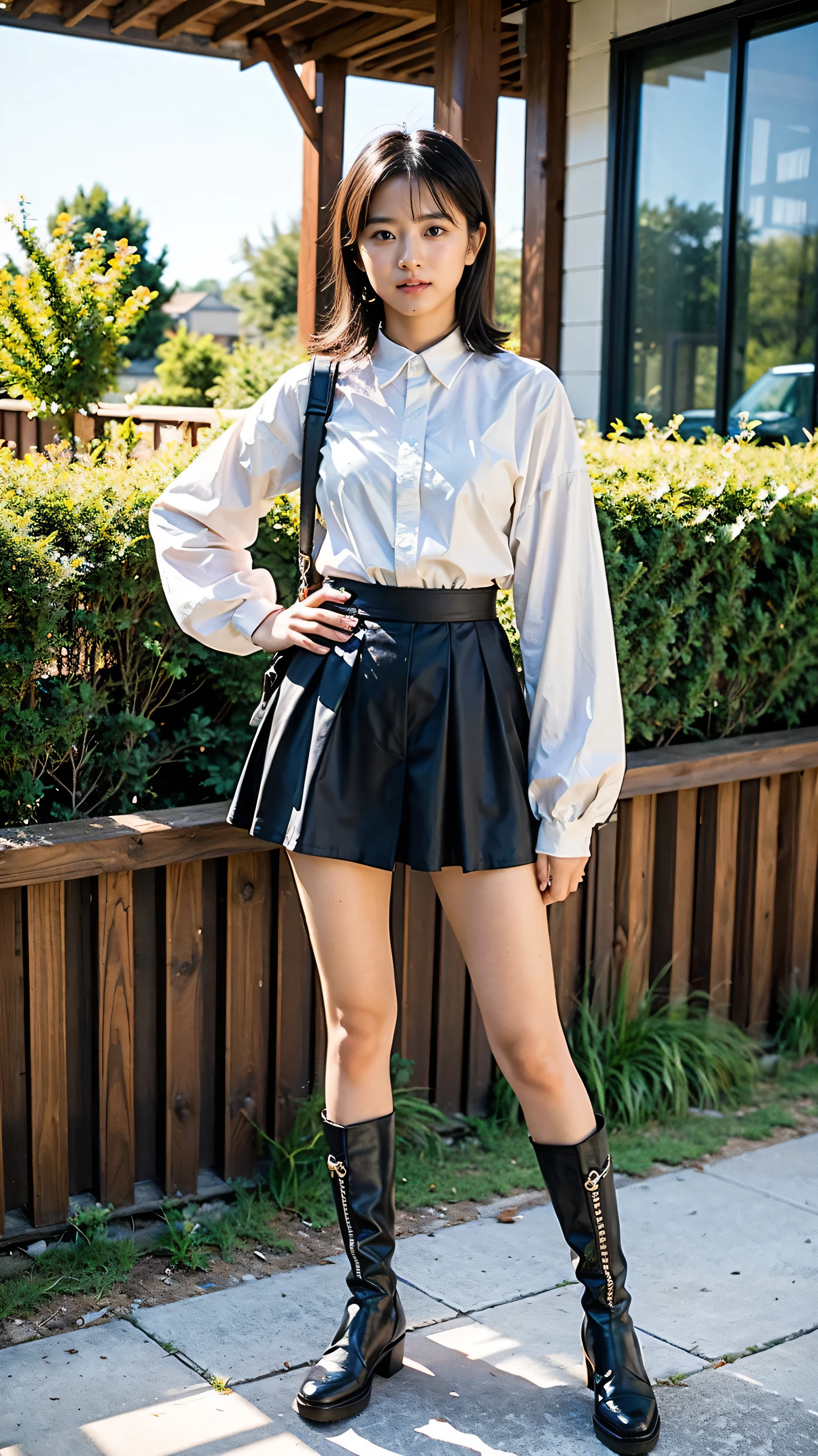 (8k、RAW Photos、highest quality、masterpiece:1.2)、(Realistic、Realistic)、1 girl、((one piece、Underarm、garden、mini skirt、Medium Hair、smile、View from the front、boots、Standing with hands on hips))、