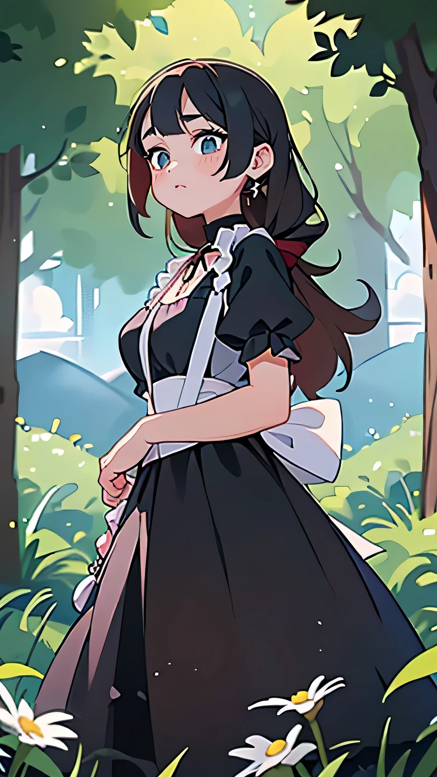 (masterpiece:1.2), (highest quality:1.2), Perfect Eyes, Perfect Face, Perfect lighting, One girl, Mature goth girl woman standing with hands out in front of her, Long Hair, Complicated hairstyle, compensate, Black Lips, Thick eyelashes, sad, melancholy, Dressed as a goth girl, Black and white dress, Frills, ribbon, Puffy sleeves, Exposing shoulders, Lace choker, jewelry, peaceful, quiet, Chill, Detailed outdoor background, Beautiful Landscape, Fantasy, summer, sunny, Sunburned, Flowers, wood