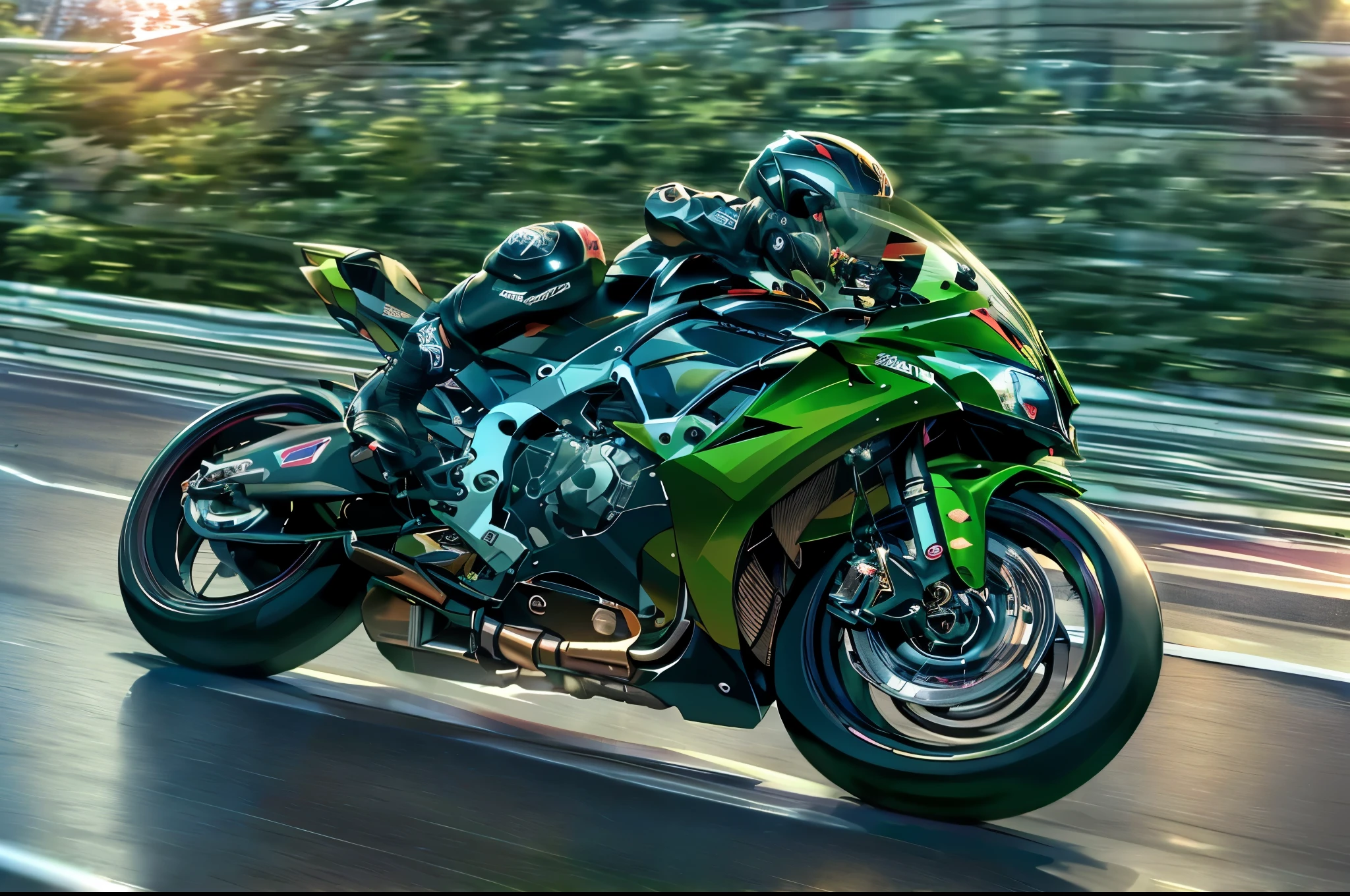 highest quality, 8k, High resolution, masterpiece, (Portraiture: 0.6), Kawasaki motorcycles racing through the city at high speeds,(Slow motion:1.3),(Motion Blur:1.3),(Speed Line:1.4),Speed,One girl, Black Hair, Medium Hair, (Wicked Smile: 1.3), (Audience: 1.3), (Bokeh), 18-year-old