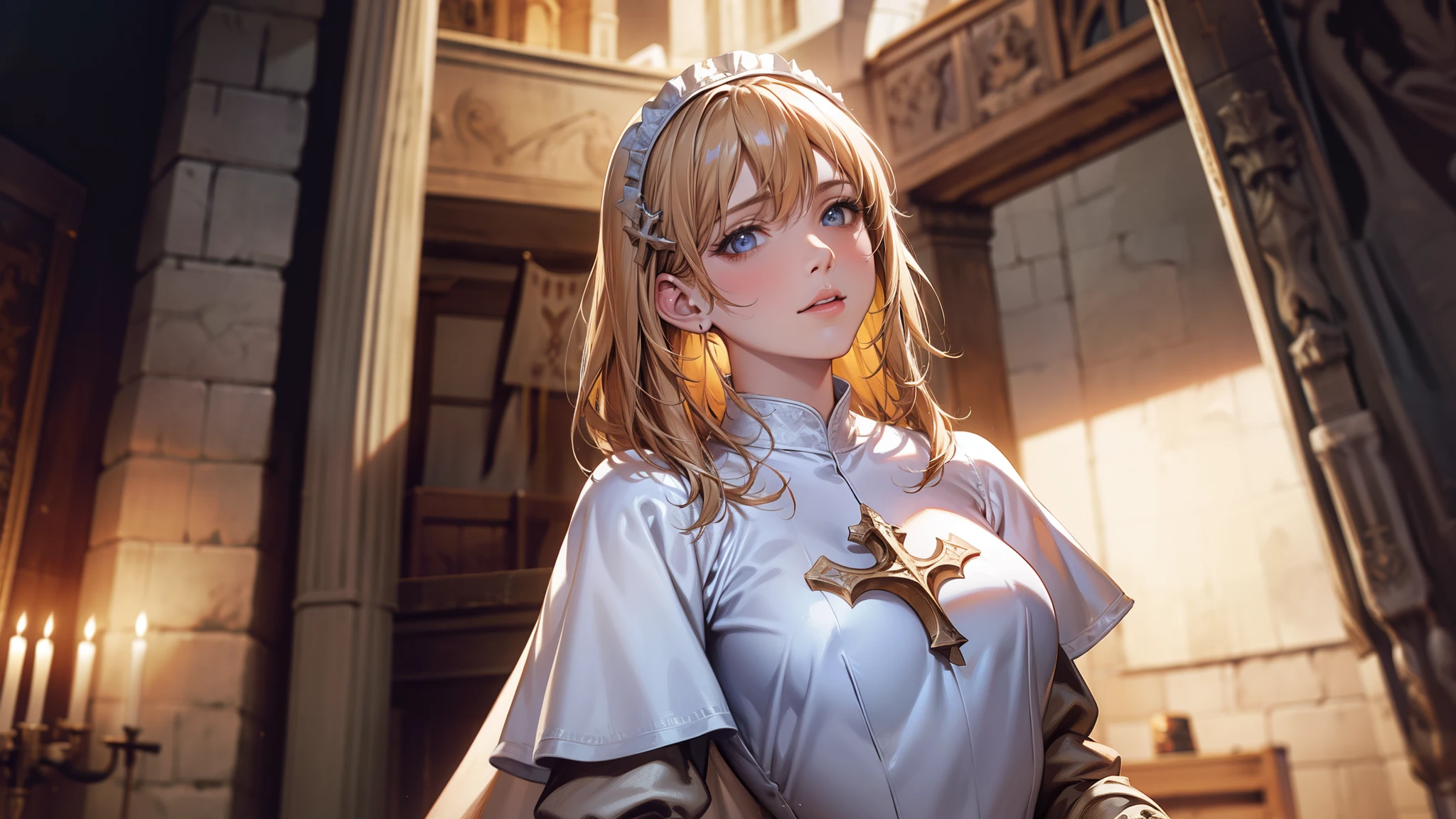 Joan of Arc, Medieval France, and skinny, White surcoat and cross armor, adobe photoshop, realistic digital painting, Historical portraits, High resolution, Warm candlelight, symbolic art, Brave, Resolute expression, exciting atmosphere