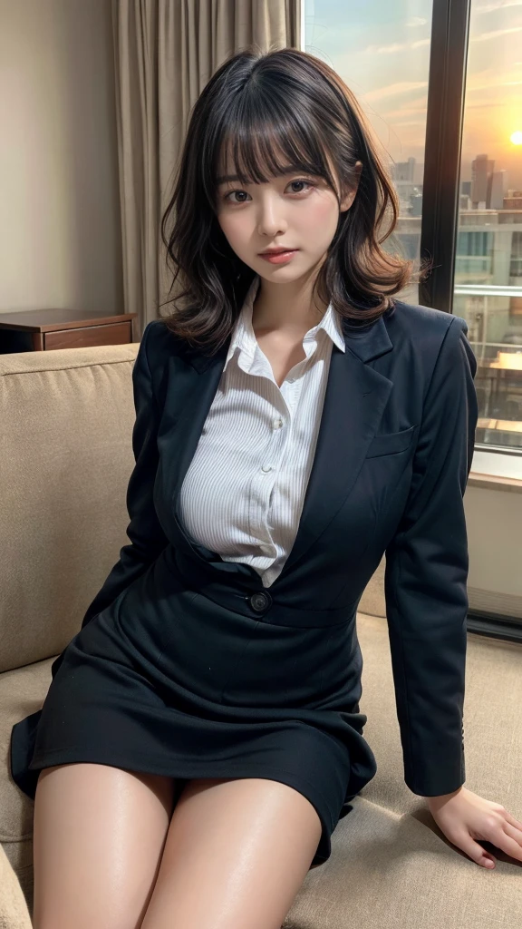 masterpiece, best quality, illustration, Super detailed, fine details, High resolution, 8K,wall paper, perfect dynamic composition,(Details High quality, realistic depiction of eyes:1.3), short hair, (wavy hair:1.2), Office Lady, ,Suit,Collared shirt, Black Suit,Black jacket, huge breasts,  black hair color, Big Natural Color Lip, bold sexy pose, crying a little、cold gaze, Harajuku style、20 year old girl、cute type、lolita、beautiful legs, hotel room, full body photo、focus on crotch, hposing Gravure Idol, Sexy shot looking at camera, Sunset, by the window, Summer, make up, Curve