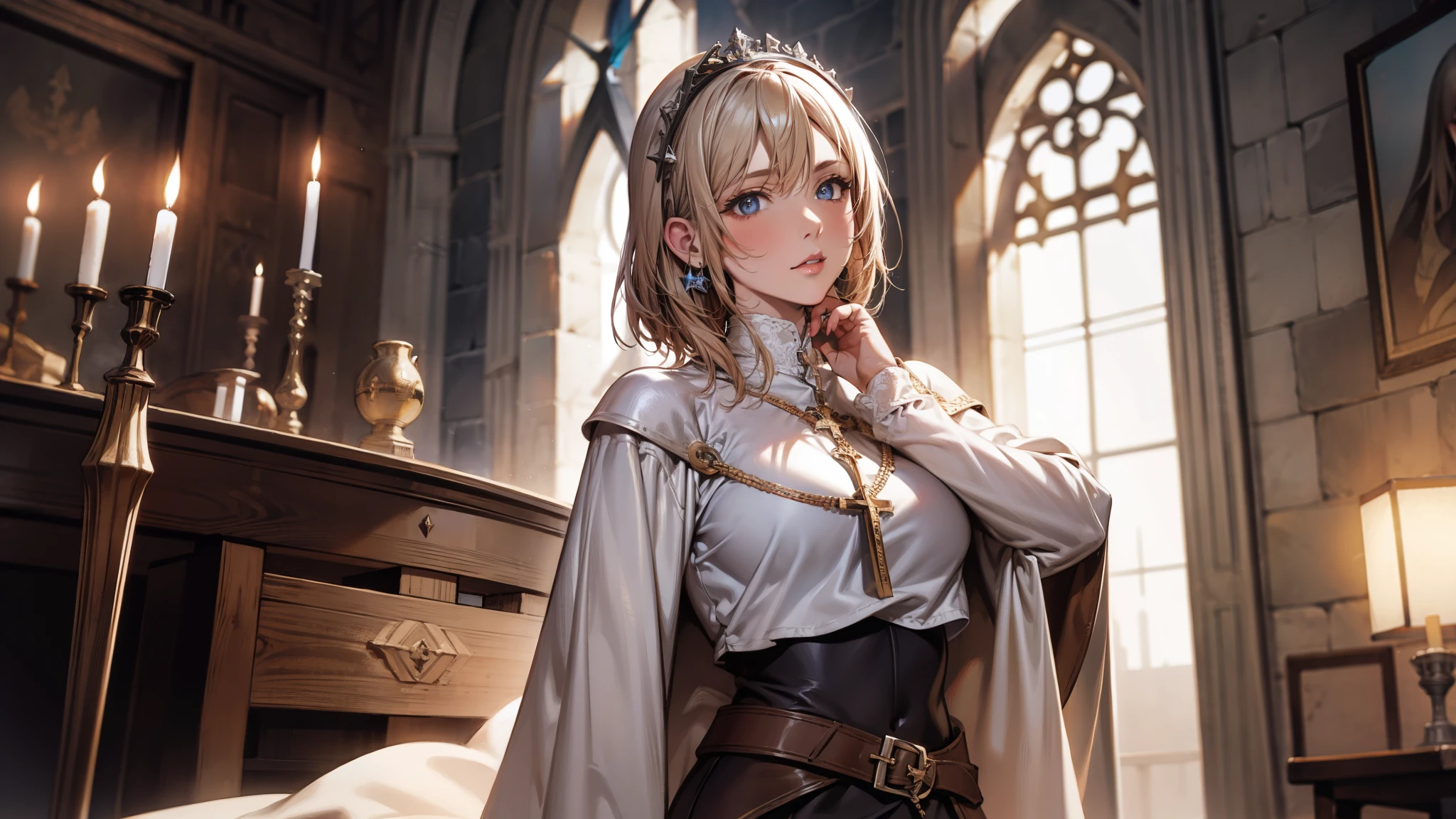 Joan of Arc, Medieval France, and skinny, White surcoat and cross armor, adobe photoshop, realistic digital painting, Historical portraits, High resolution, Warm candlelight, symbolic art, Brave, Resolute expression, exciting atmosphere